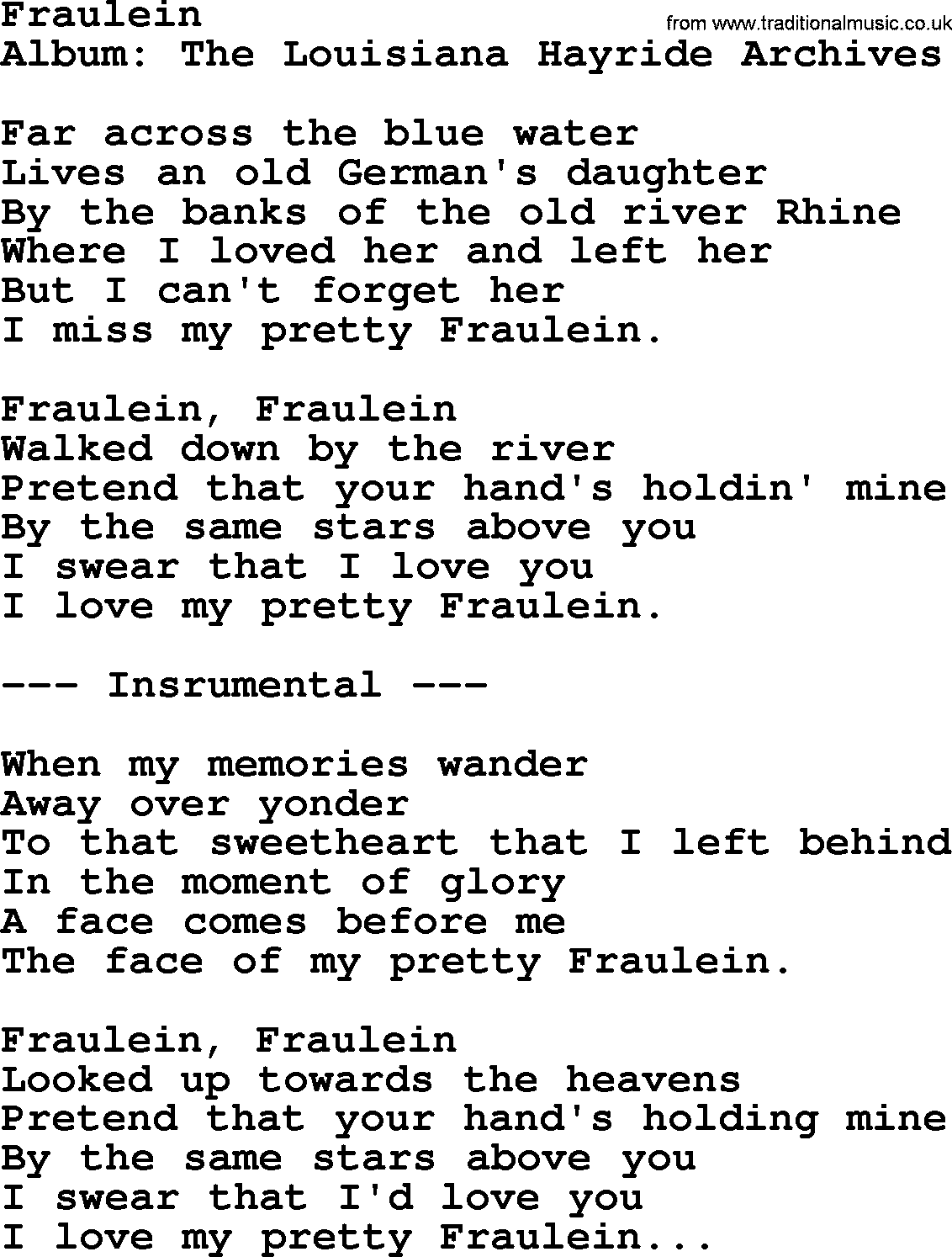 George Jones song: Fraulein, lyrics