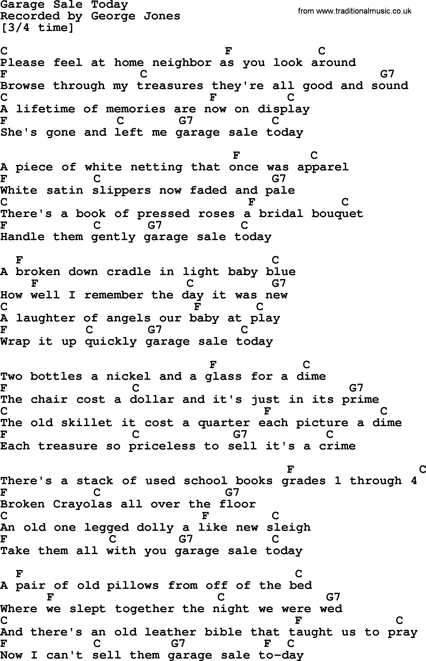 George Jones song: Garage Sale Today, lyrics and chords