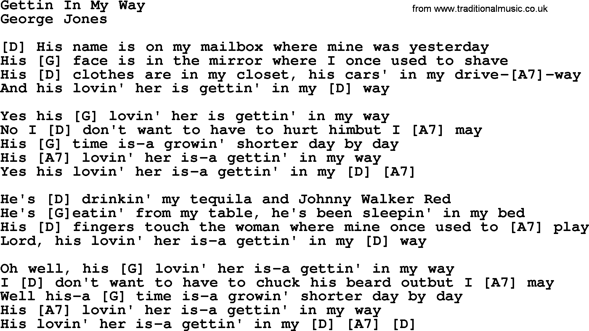 George Jones song: Gettin In My Way, lyrics and chords