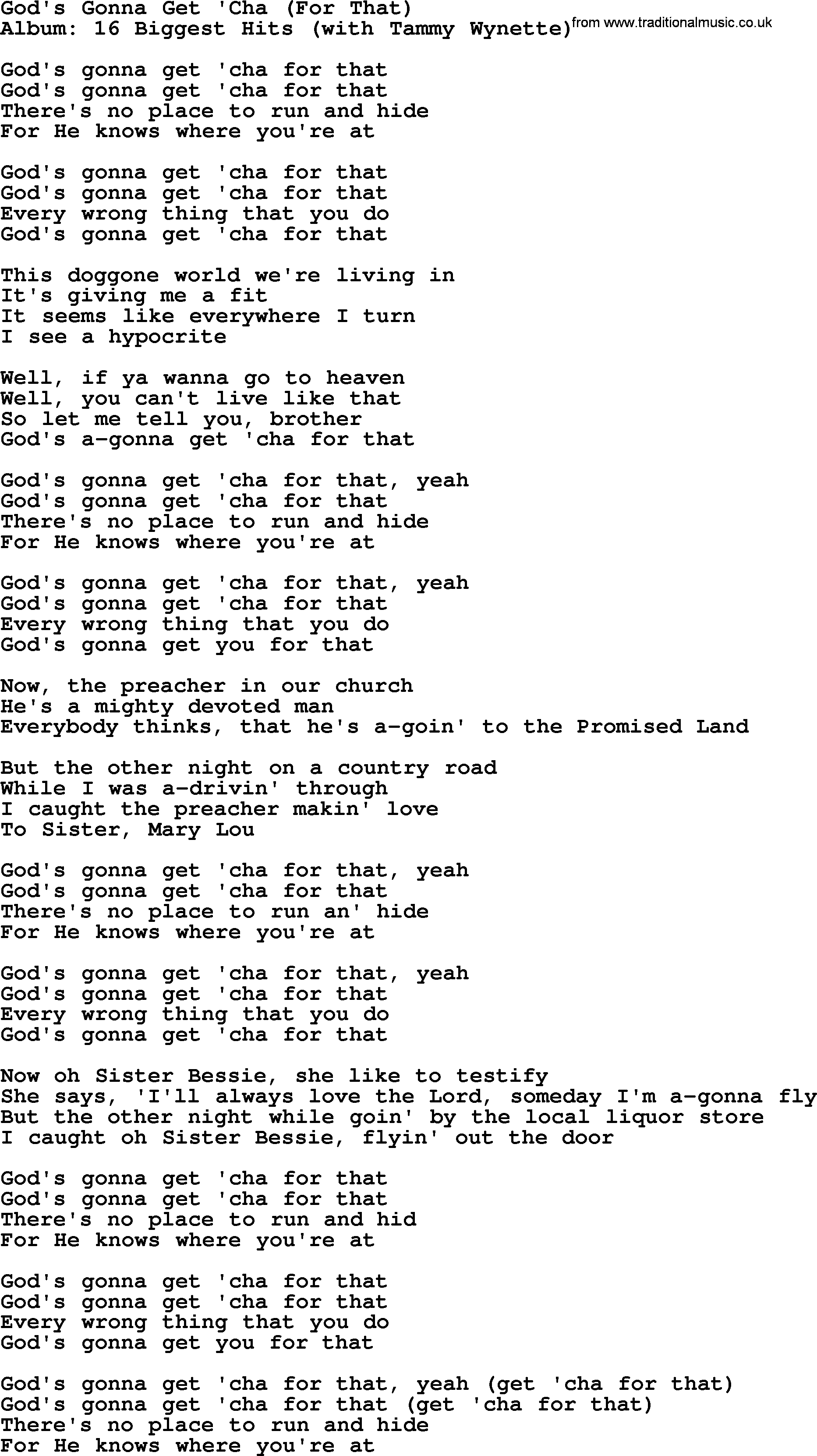 George Jones song: God's Gonna Get 'cha (for That), lyrics