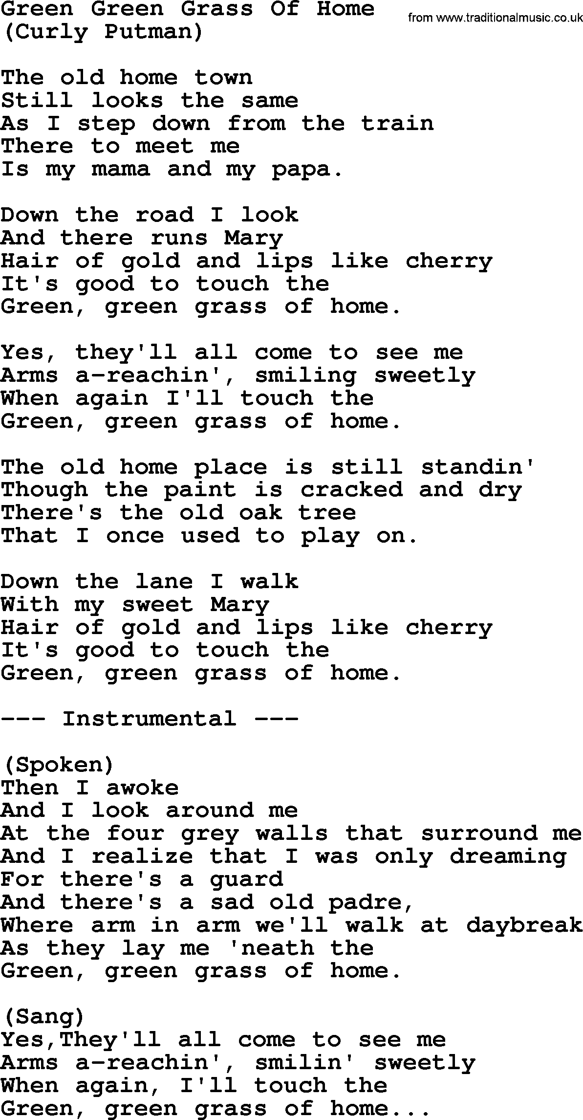 George Jones song: Green Green Grass Of Home, lyrics