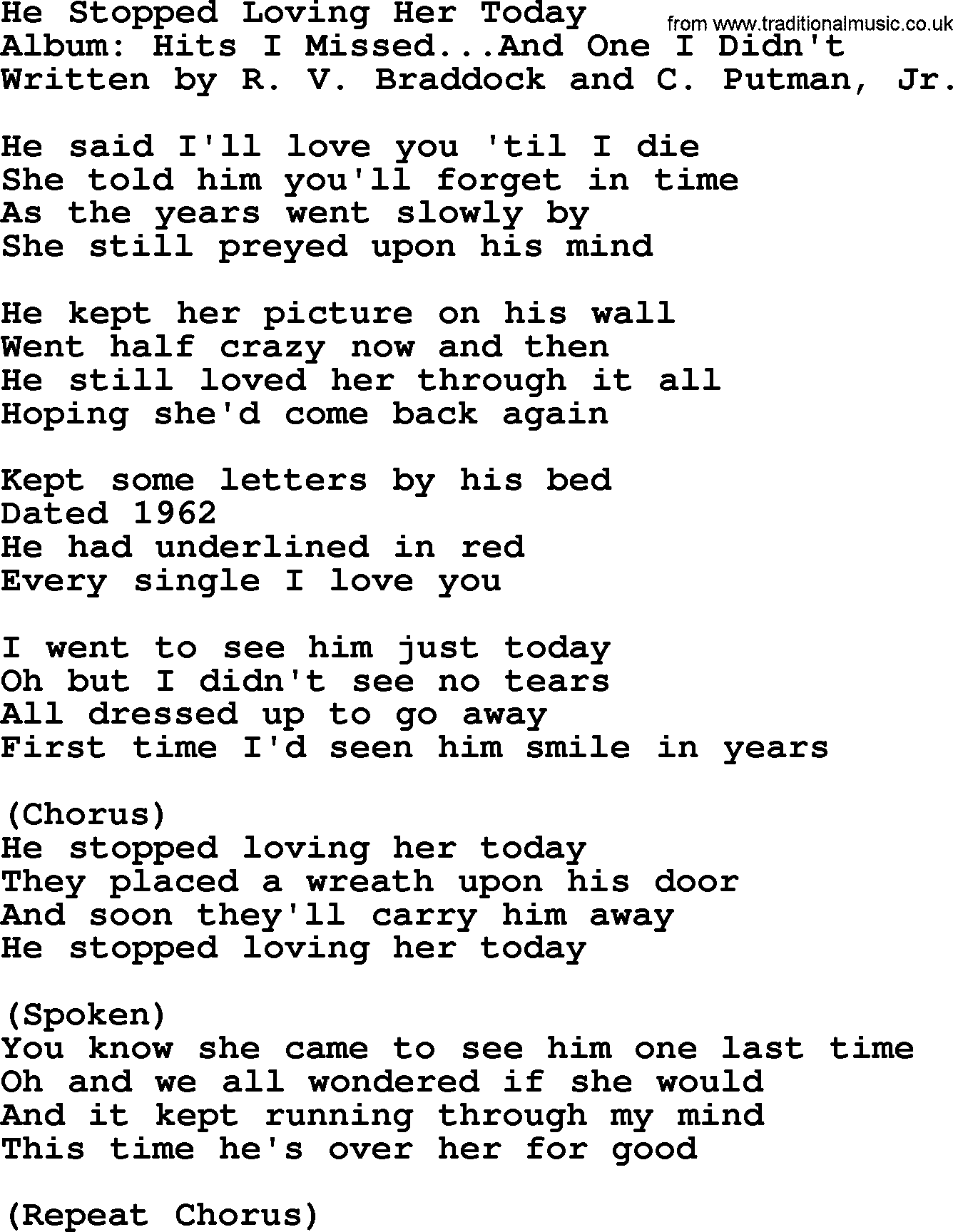 George Jones song: He Stopped Loving Her Today, lyrics