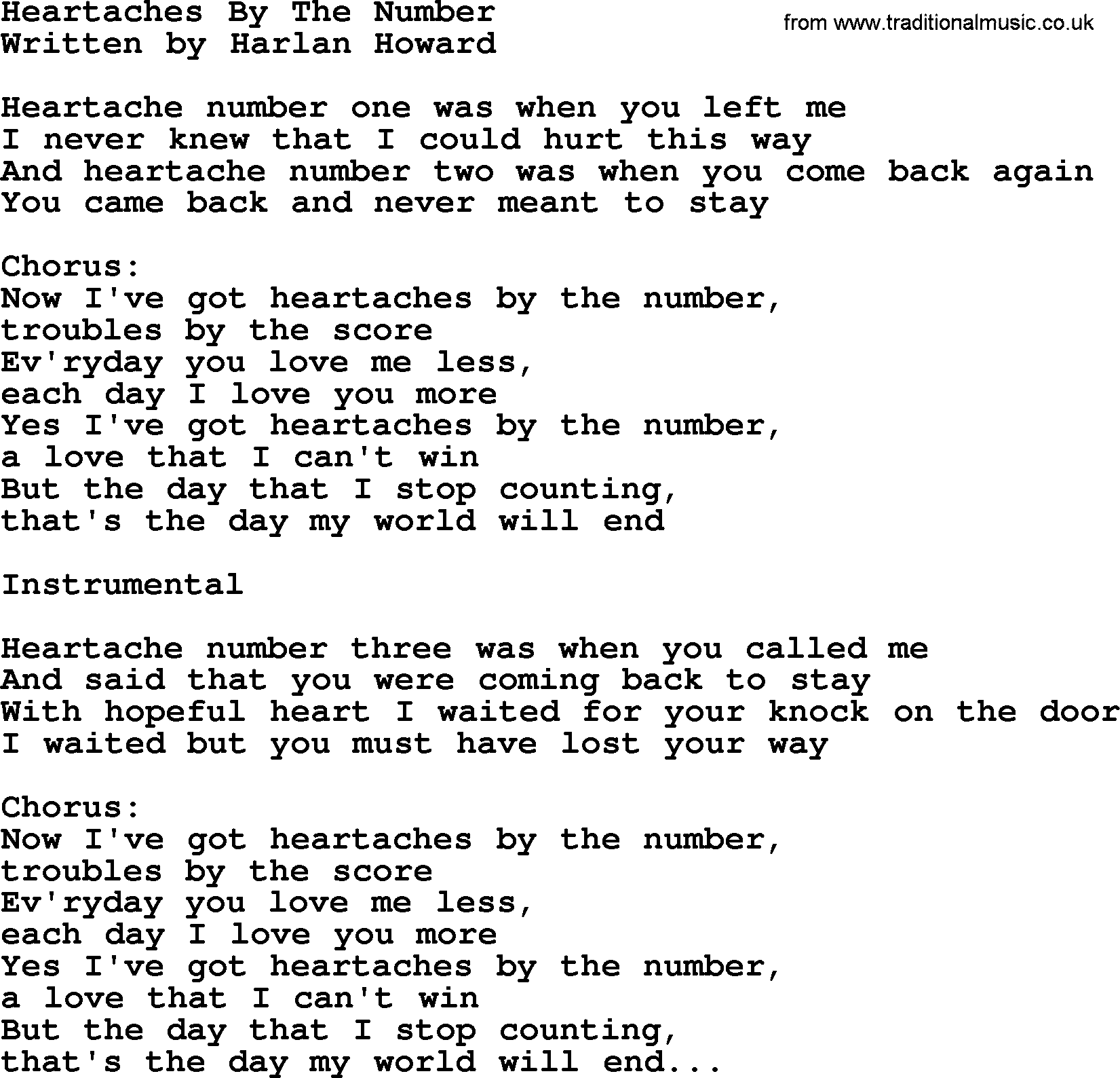 George Jones song: Heartaches By The Number, lyrics