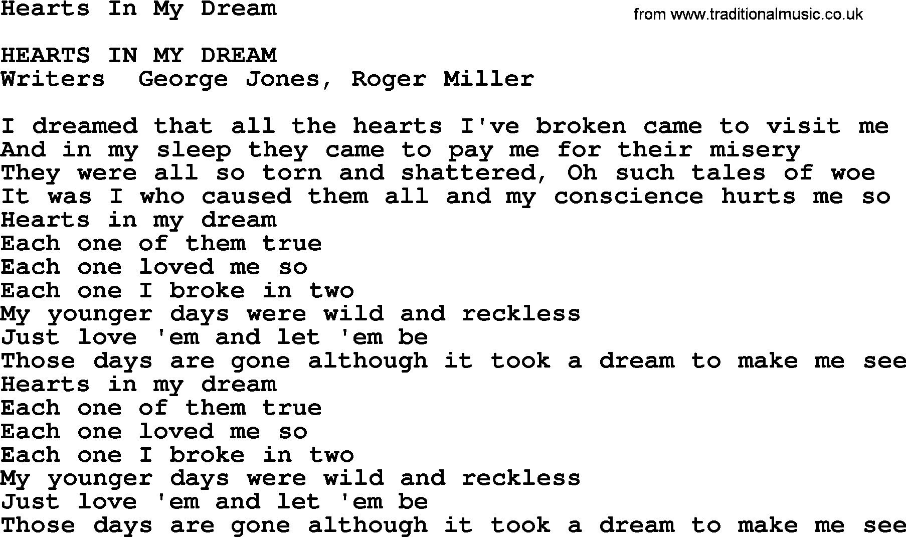 George Jones song: Hearts In My Dream, lyrics