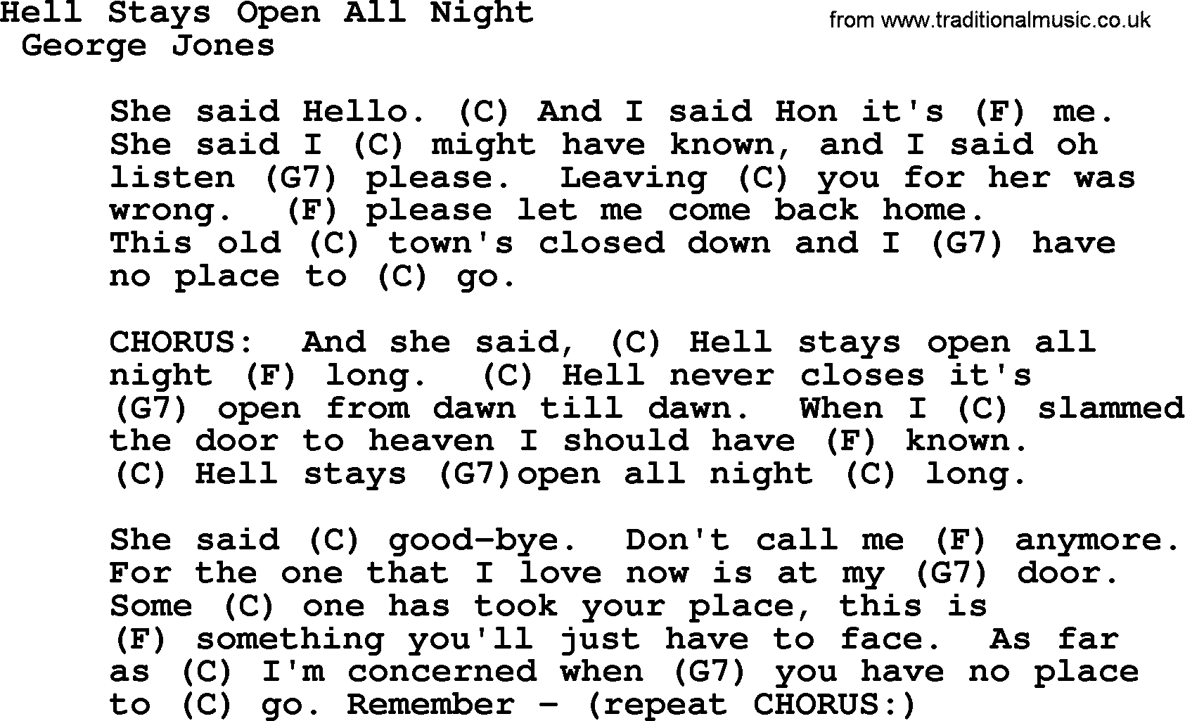 George Jones song: Hell Stays Open All Night, lyrics and chords