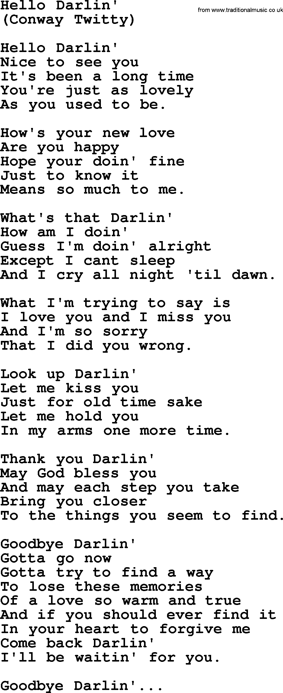 George Jones song: Hello Darlin', lyrics