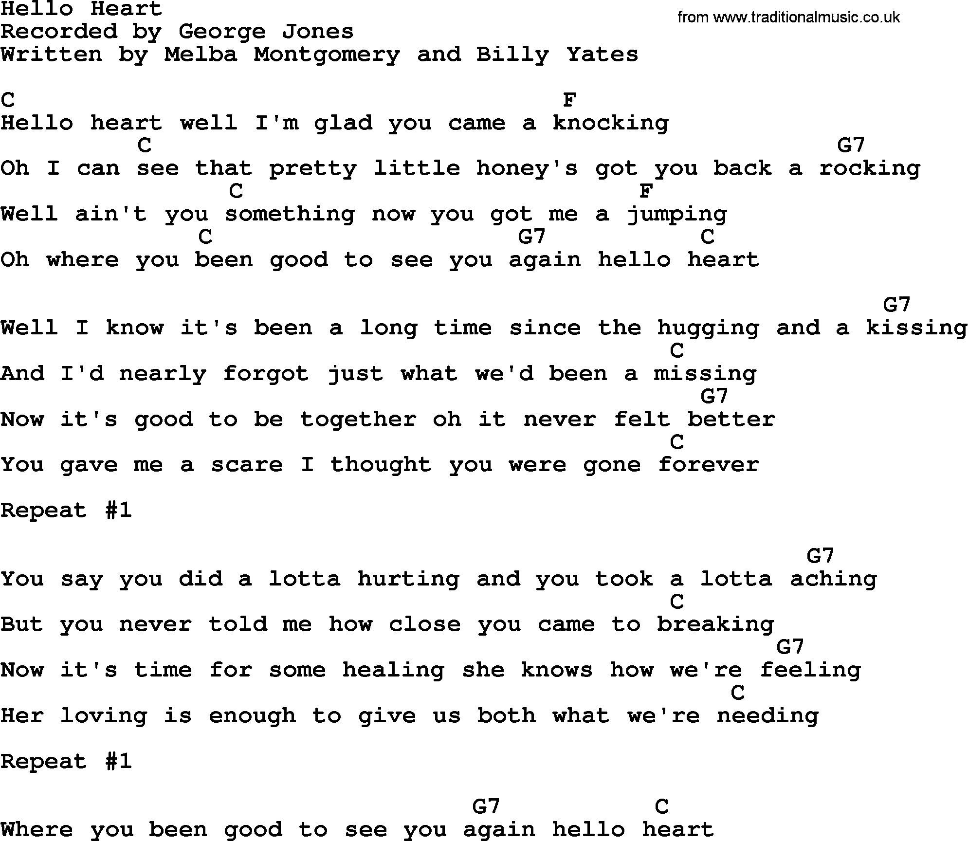 George Jones song: Hello Heart, lyrics and chords