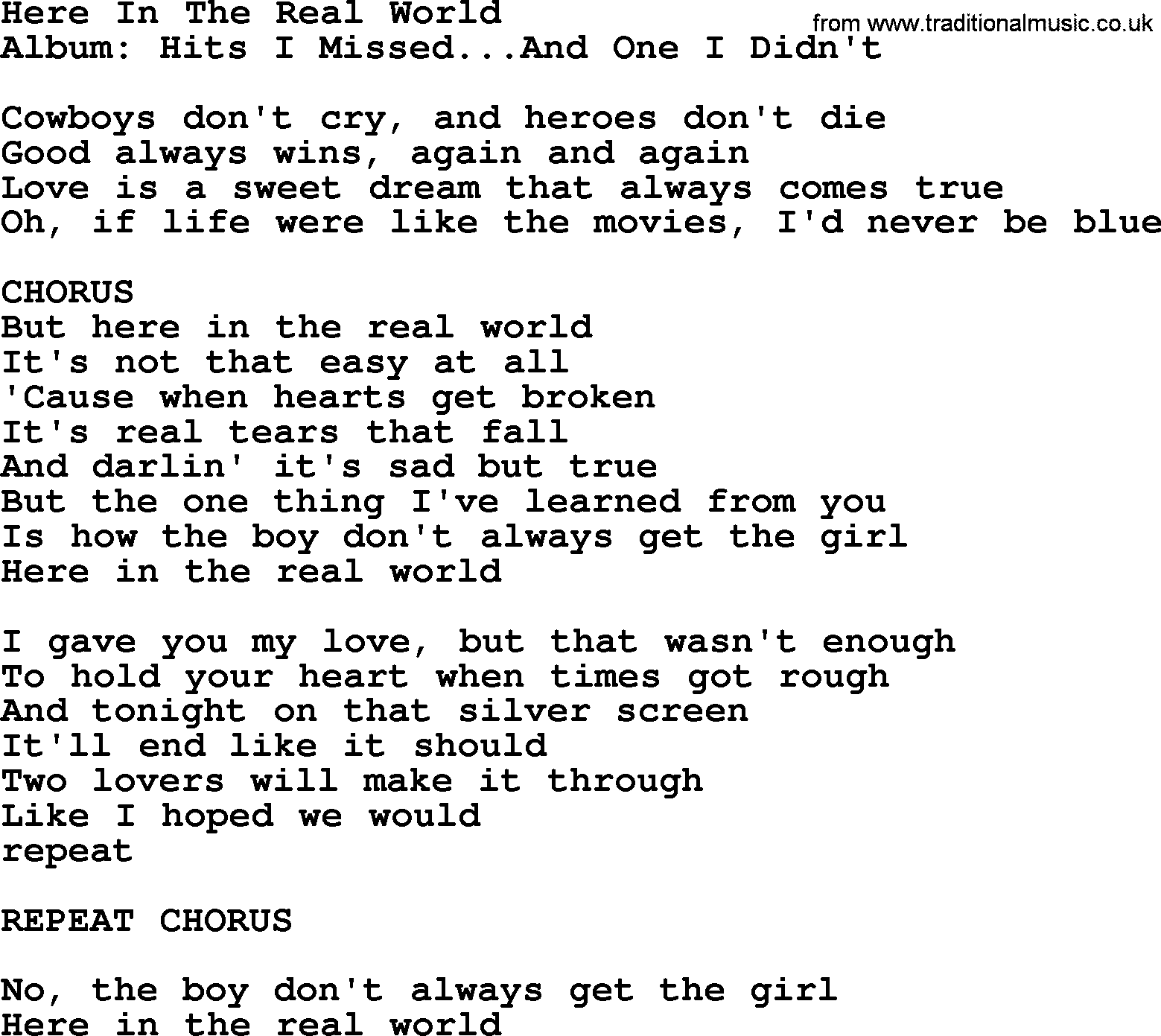 George Jones song: Here In The Real World, lyrics