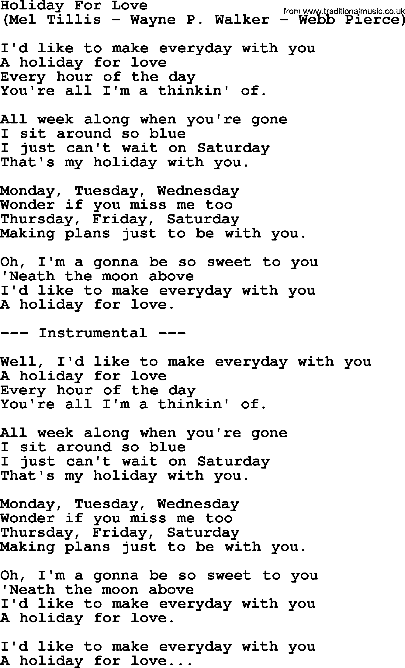 George Jones song: Holiday For Love, lyrics