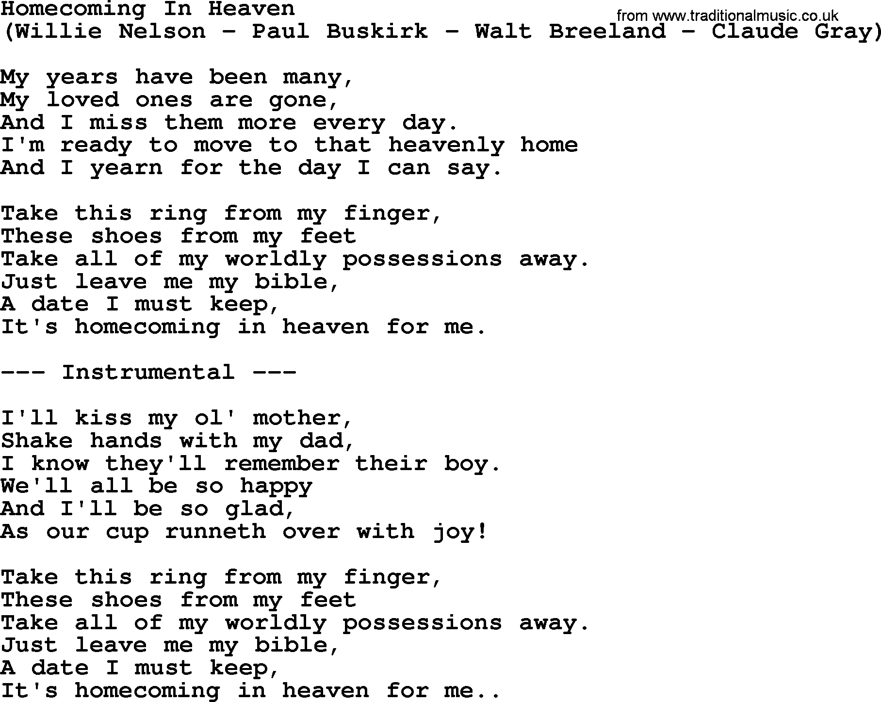 George Jones song: Homecoming In Heaven, lyrics