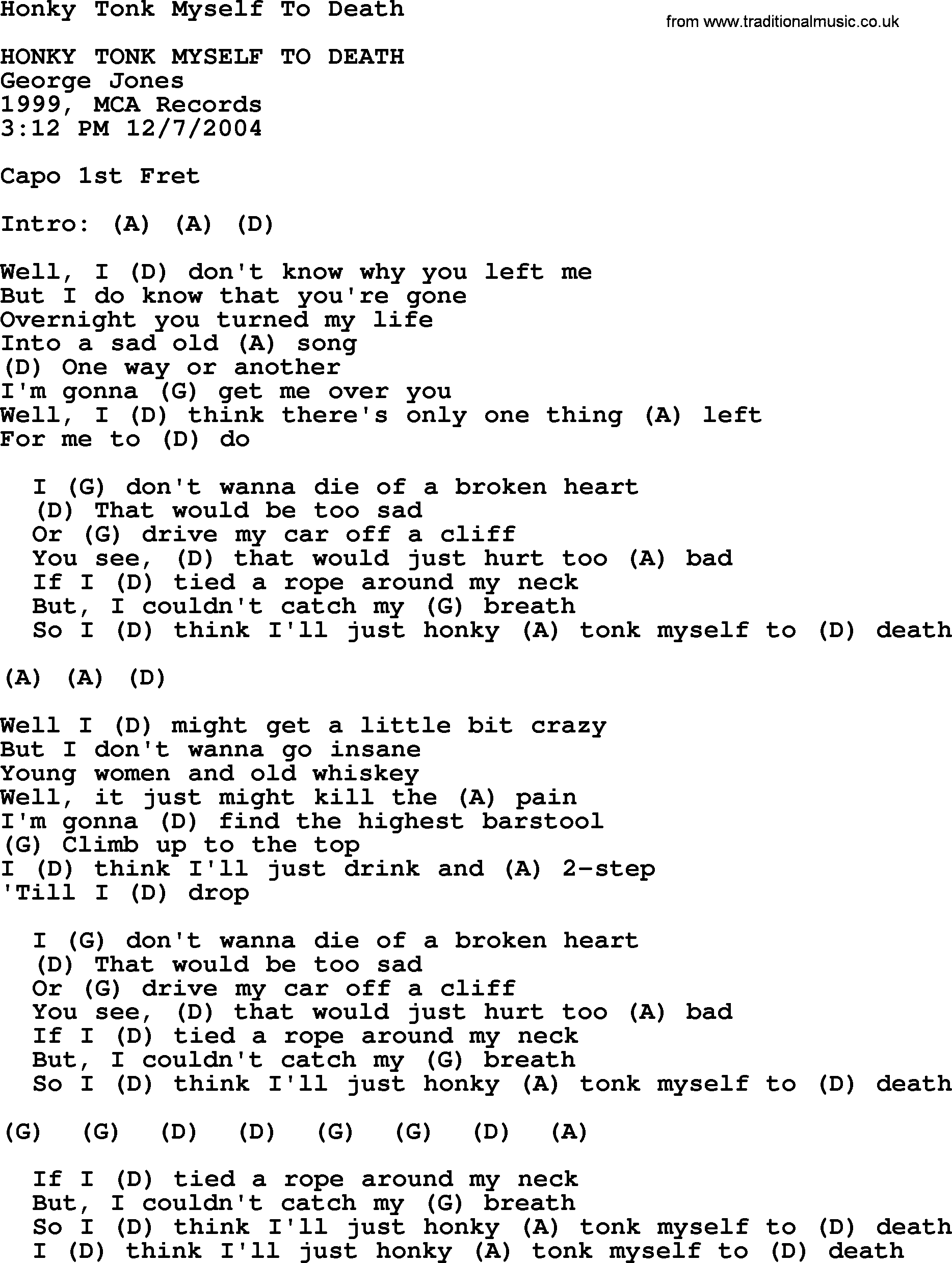 George Jones song: Honky Tonk Myself To Death, lyrics and chords