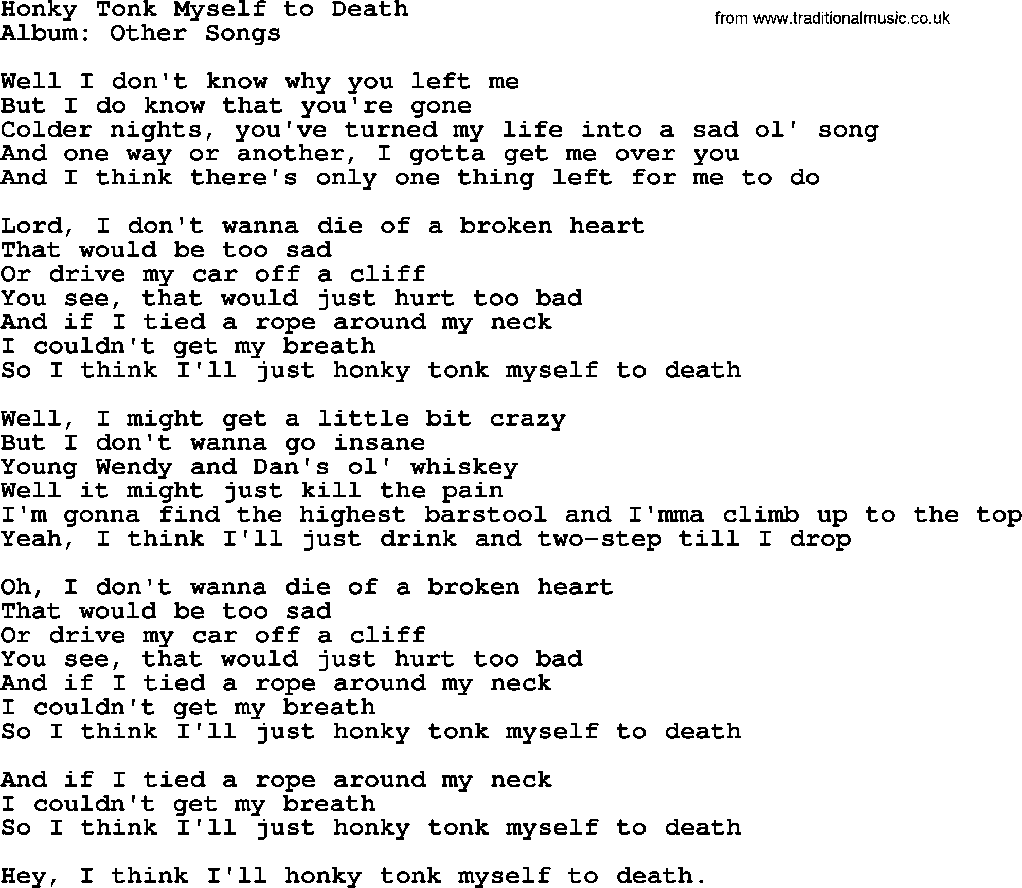 George Jones song: Honky Tonk Myself To Death, lyrics