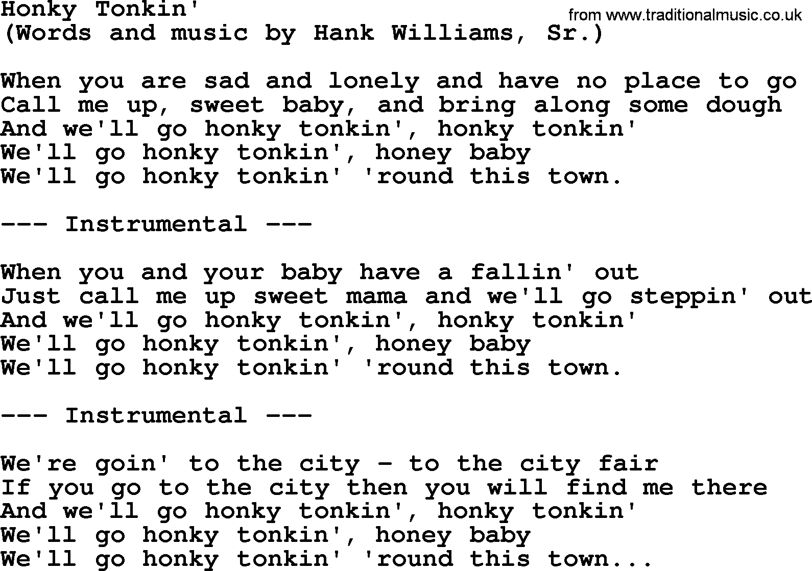 George Jones song: Honky Tonkin', lyrics