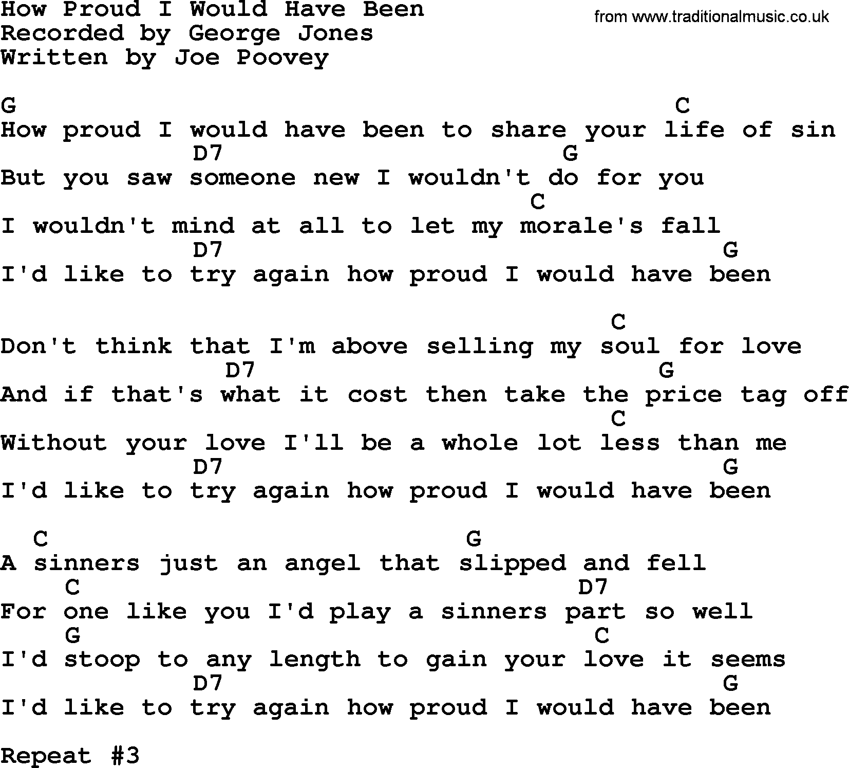 George Jones song: How Proud I Would Have Been, lyrics and chords
