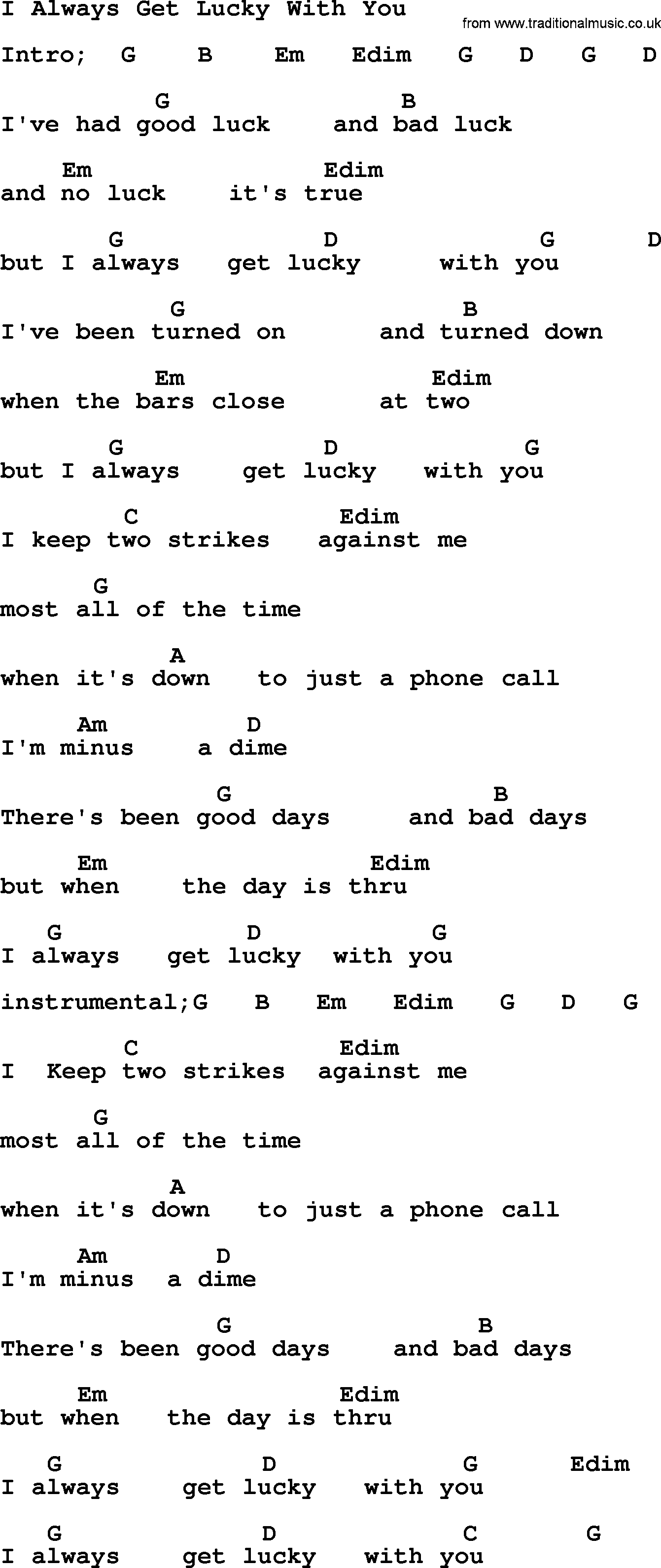 George Jones song: I Always Get Lucky With You, lyrics and chords