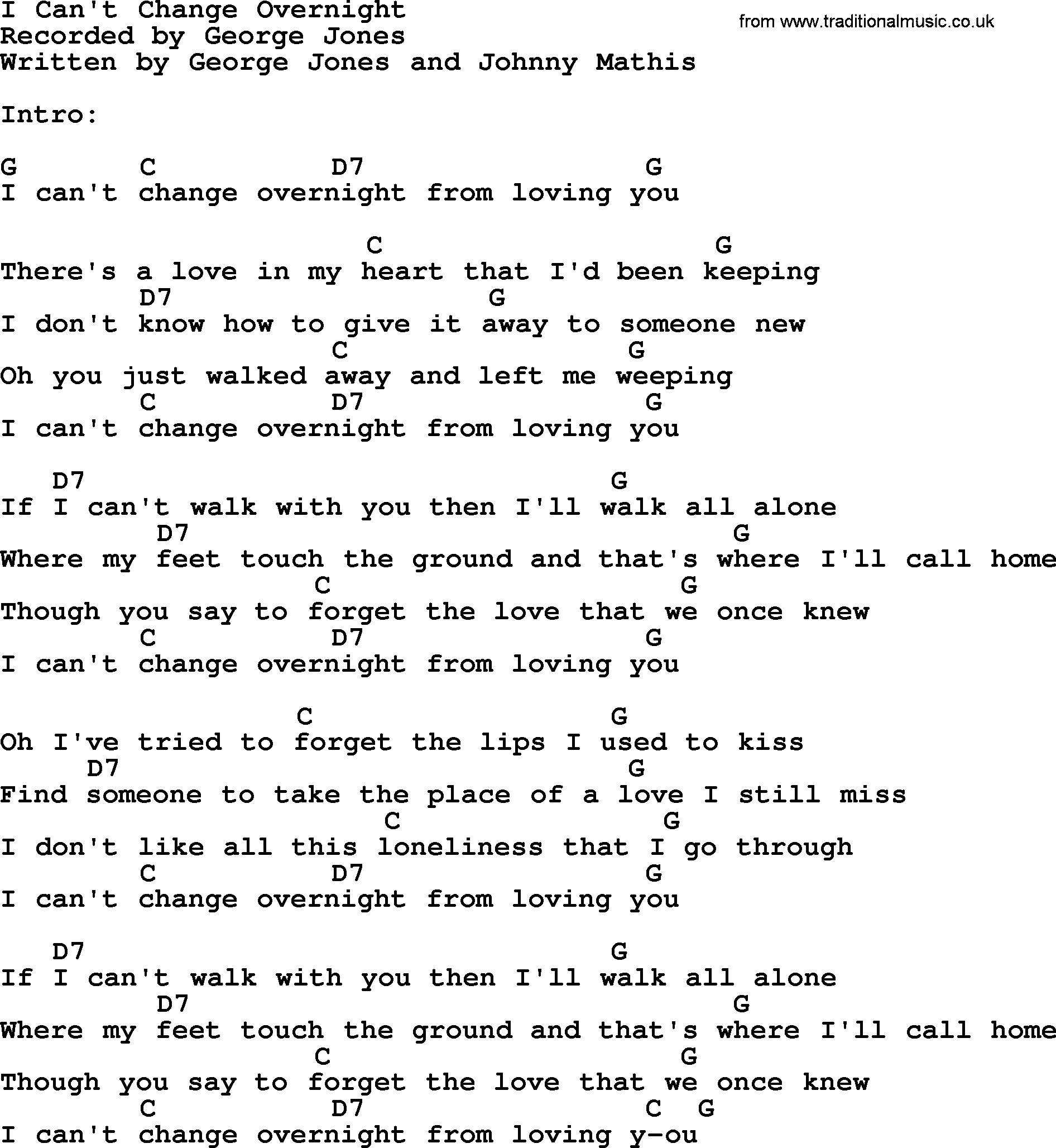 George Jones song: I Can't Change Overnight, lyrics and chords