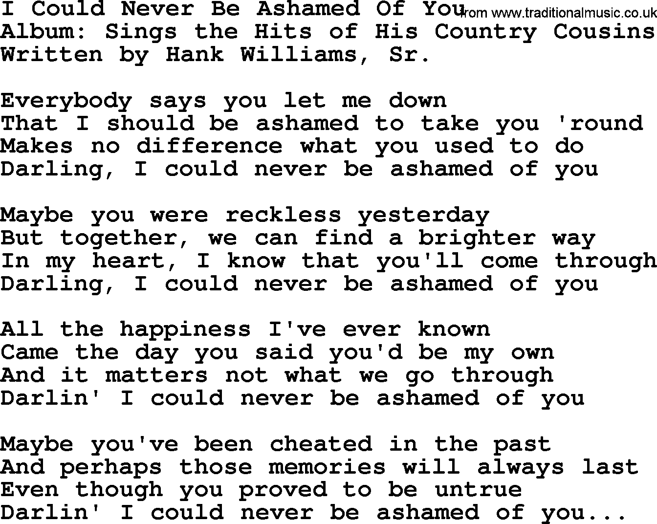 George Jones song: I Could Never Be Ashamed Of You, lyrics