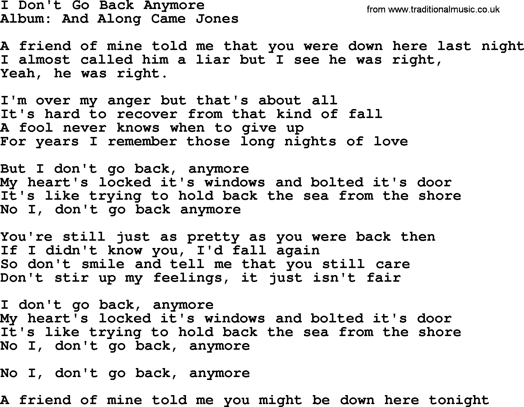 George Jones song: I Don't Go Back Anymore, lyrics