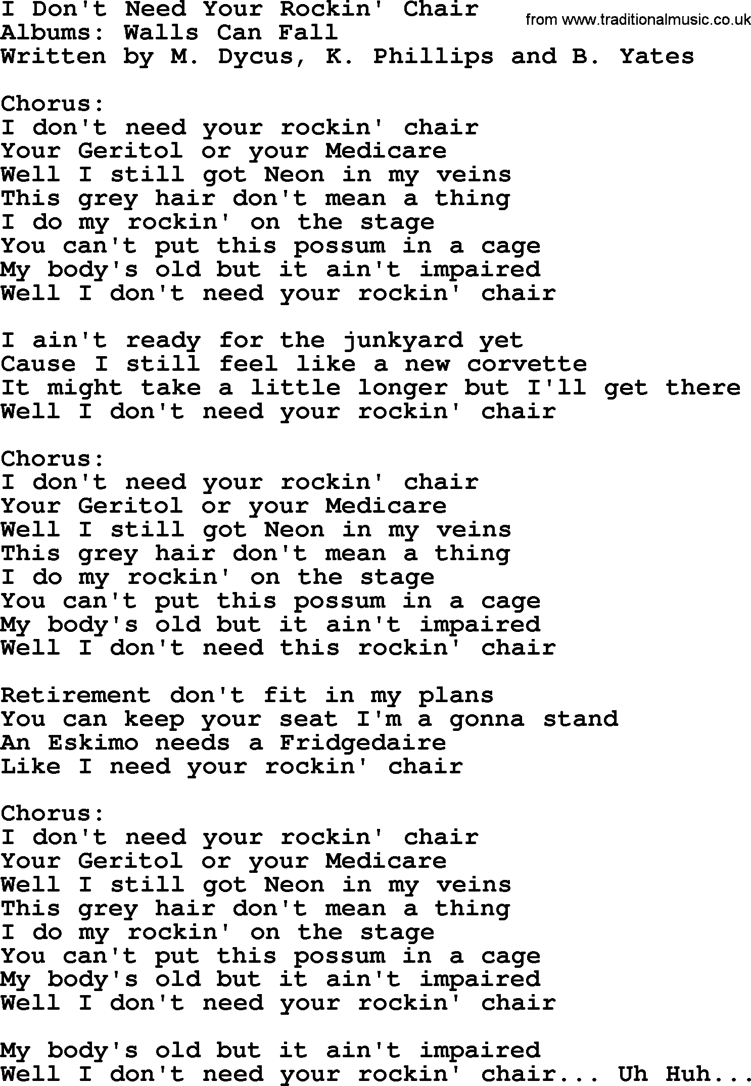 George Jones song: I Don't Need Your Rockin' Chair, lyrics