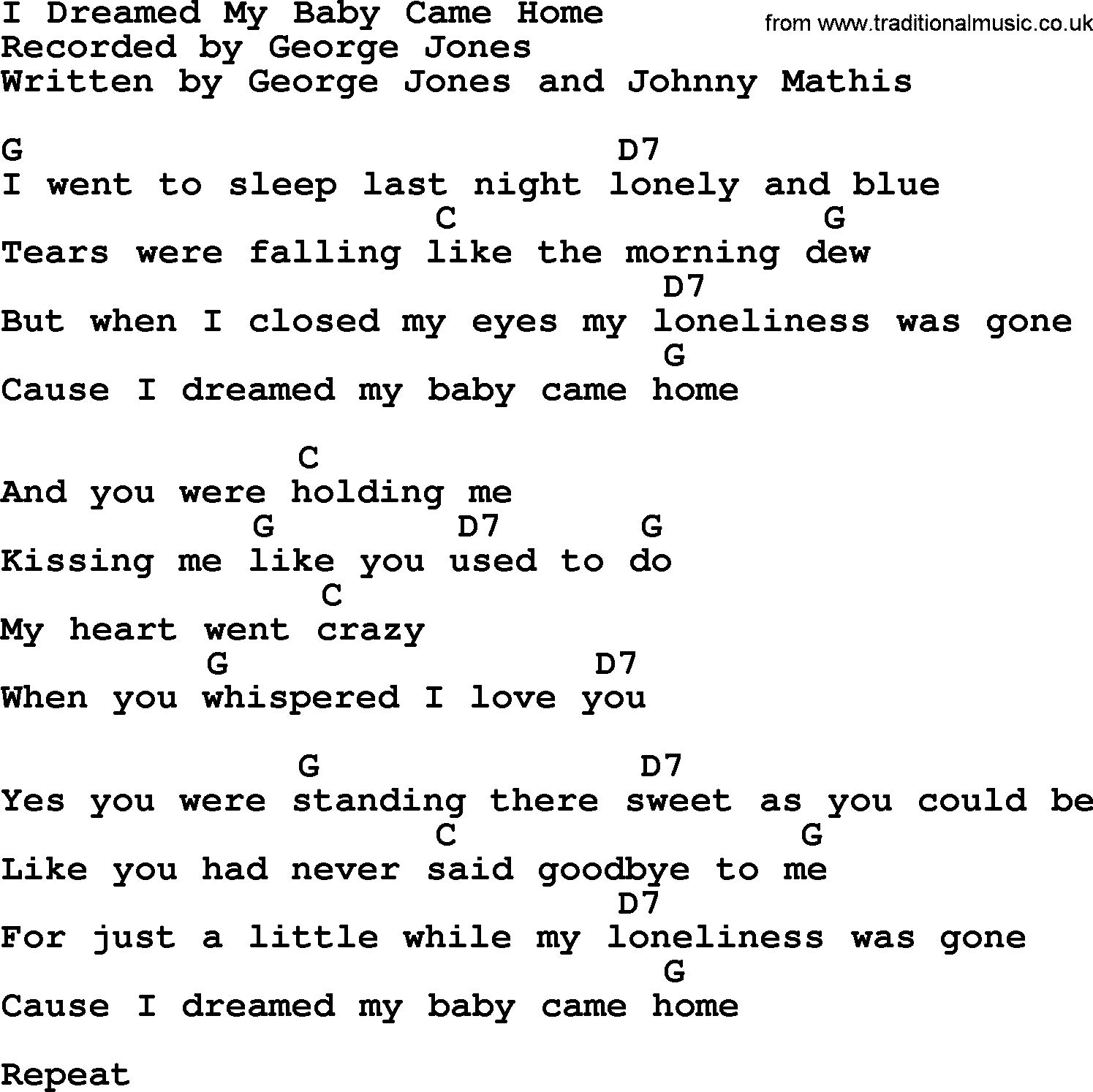 George Jones song: I Dreamed My Baby Came Home, lyrics and chords