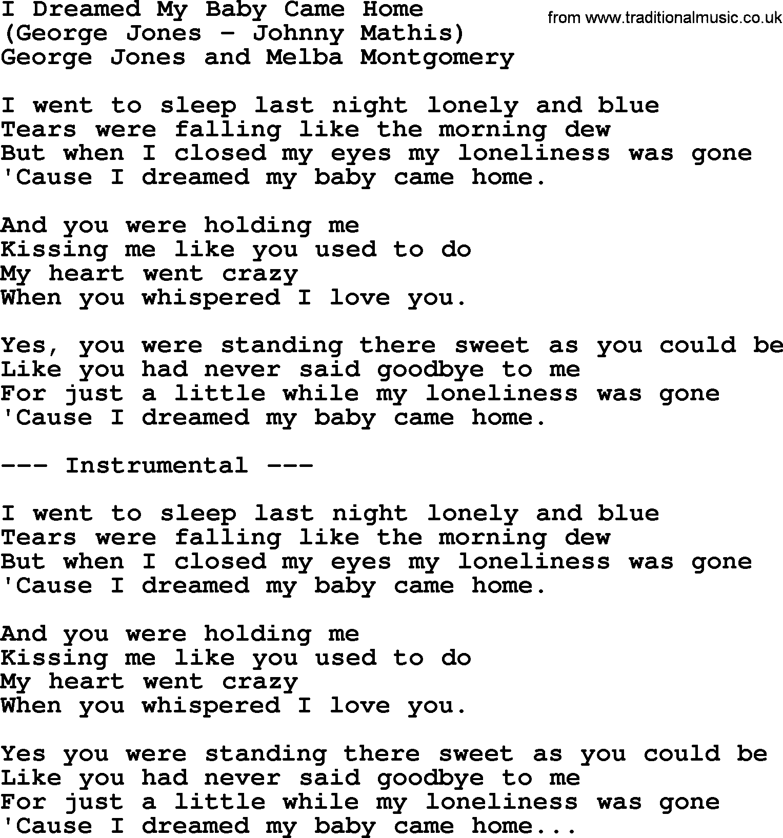 George Jones song: I Dreamed My Baby Came Home, lyrics