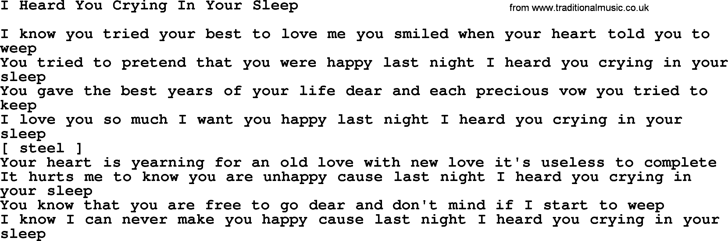 George Jones song: I Heard You Crying In Your Sleep, lyrics