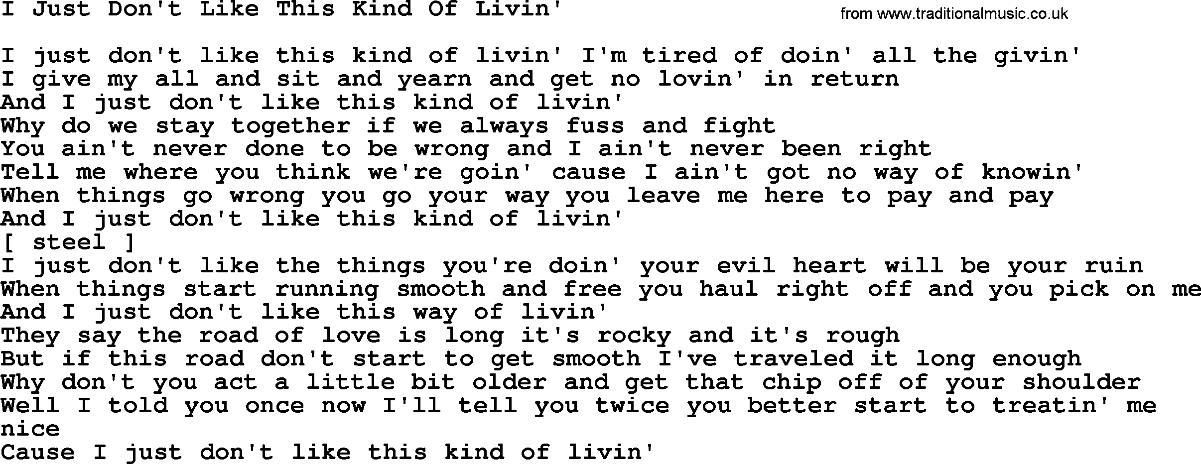 George Jones song: I Just Don't Like This Kind Of Livin', lyrics