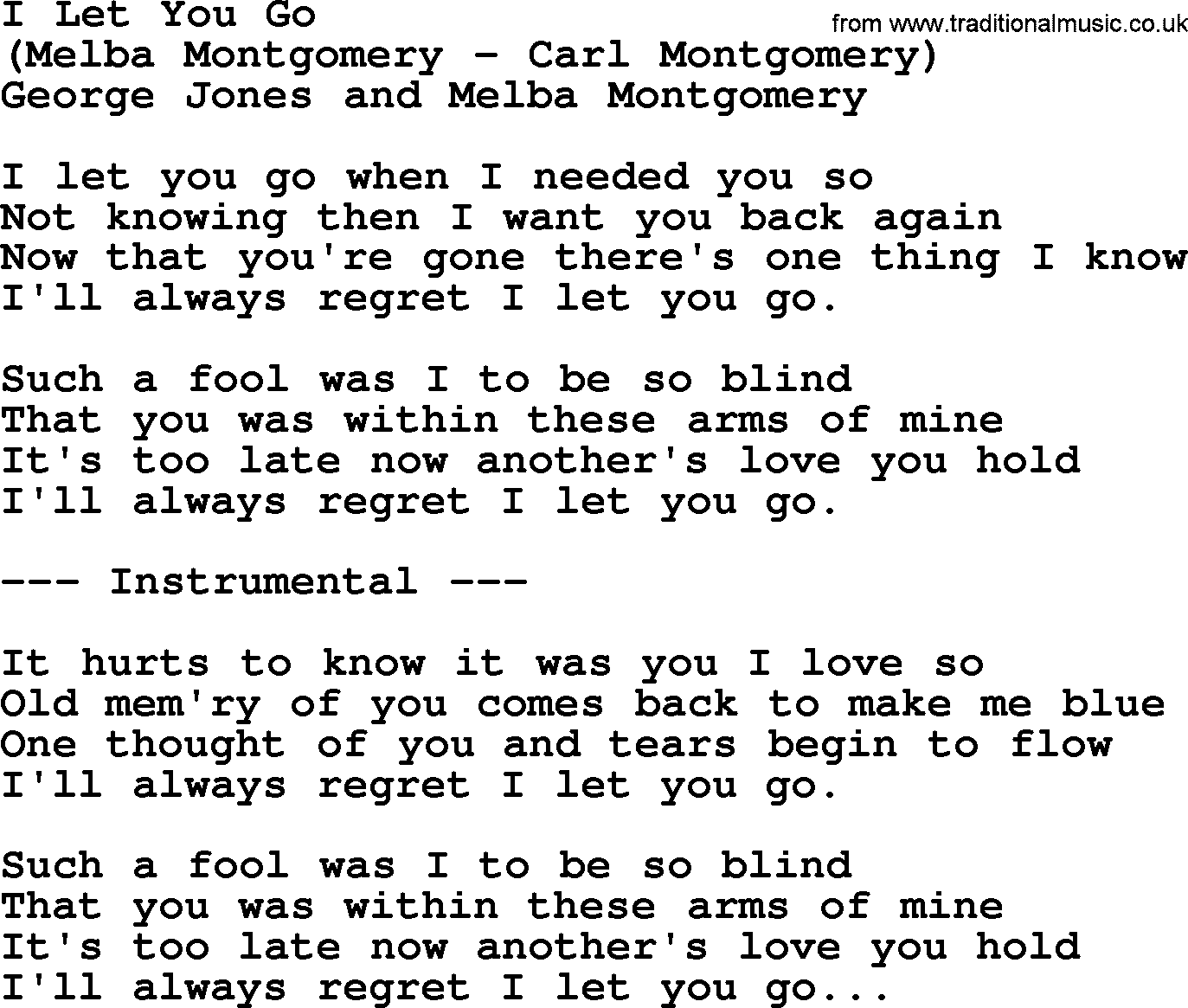 George Jones song: I Let You Go, lyrics