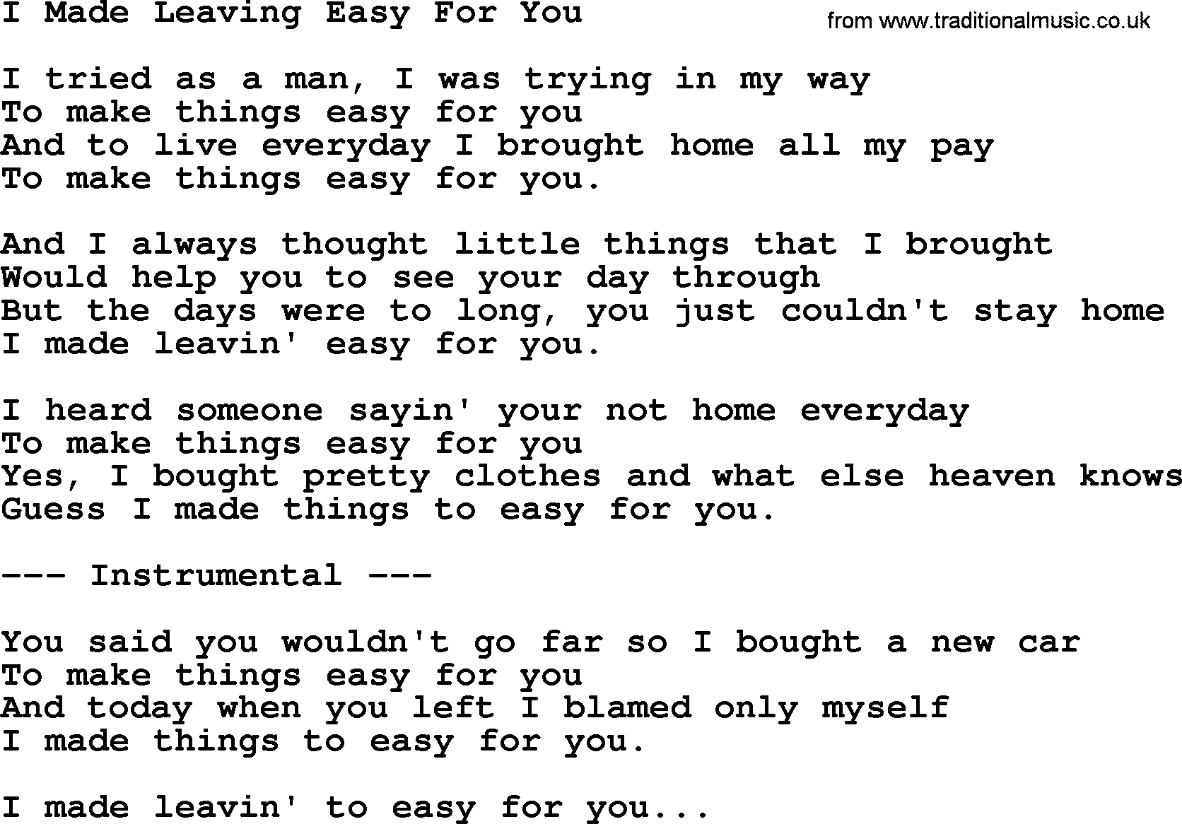 George Jones song: I Made Leaving Easy For You, lyrics