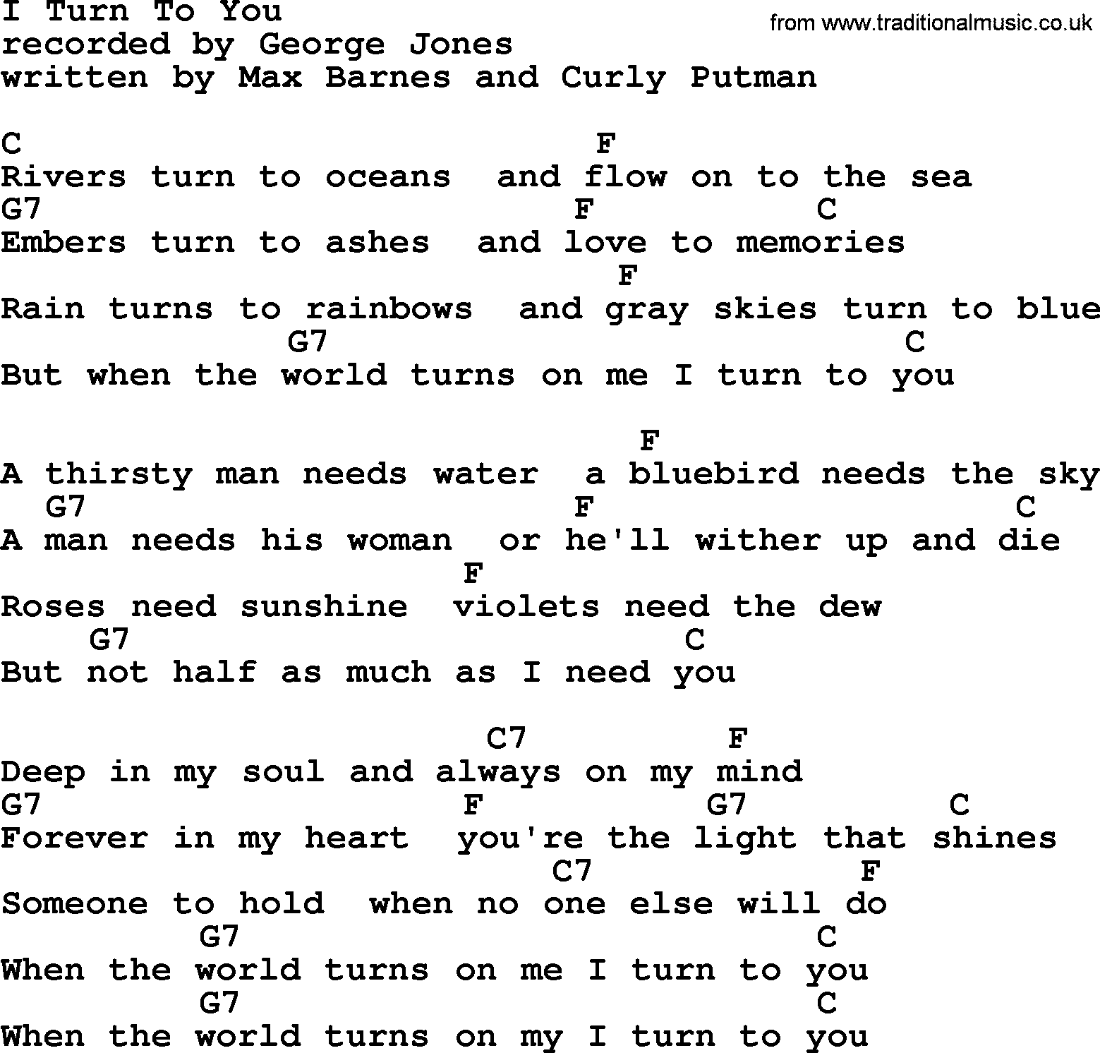 George Jones song: I Turn To You, lyrics and chords
