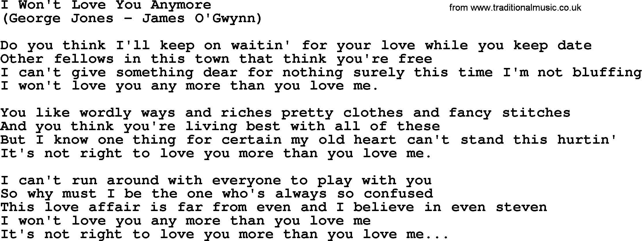 George Jones song: I Won't Love You Anymore, lyrics