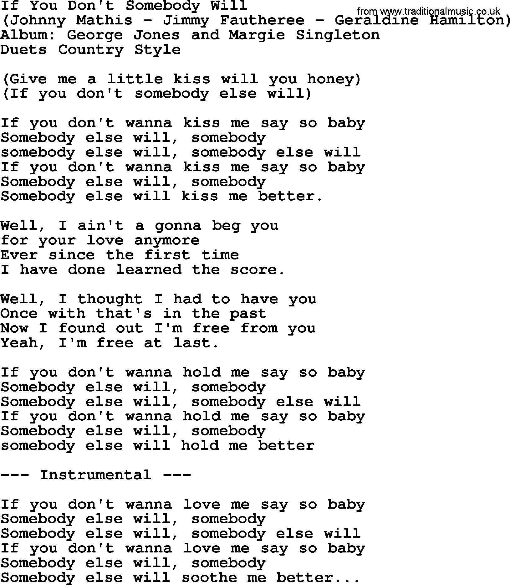 George Jones song: If You Don't Somebody Will, lyrics