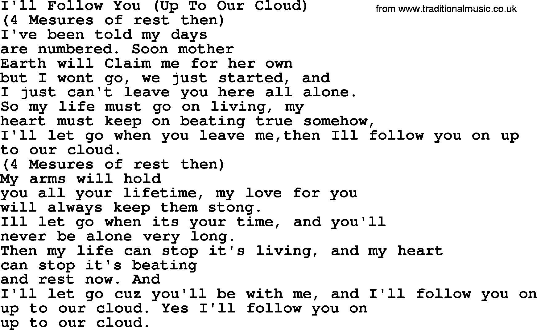 George Jones song: I'll Follow You (up To Our Cloud), lyrics