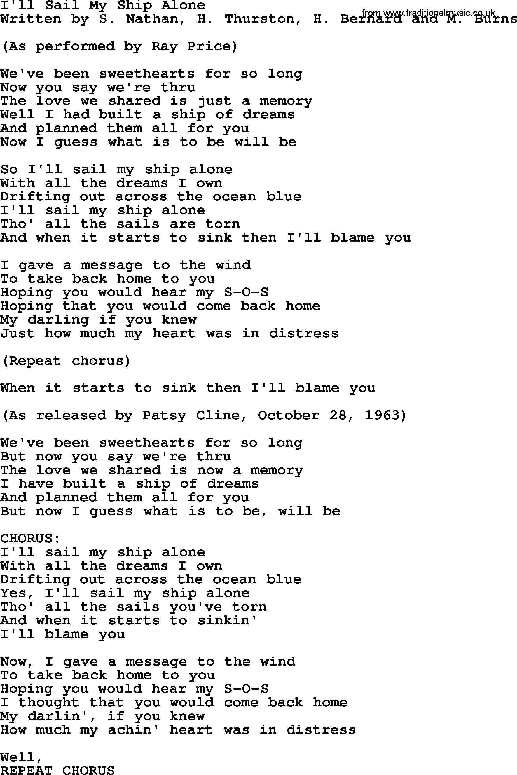 George Jones song: I'll Sail My Ship Alone, lyrics