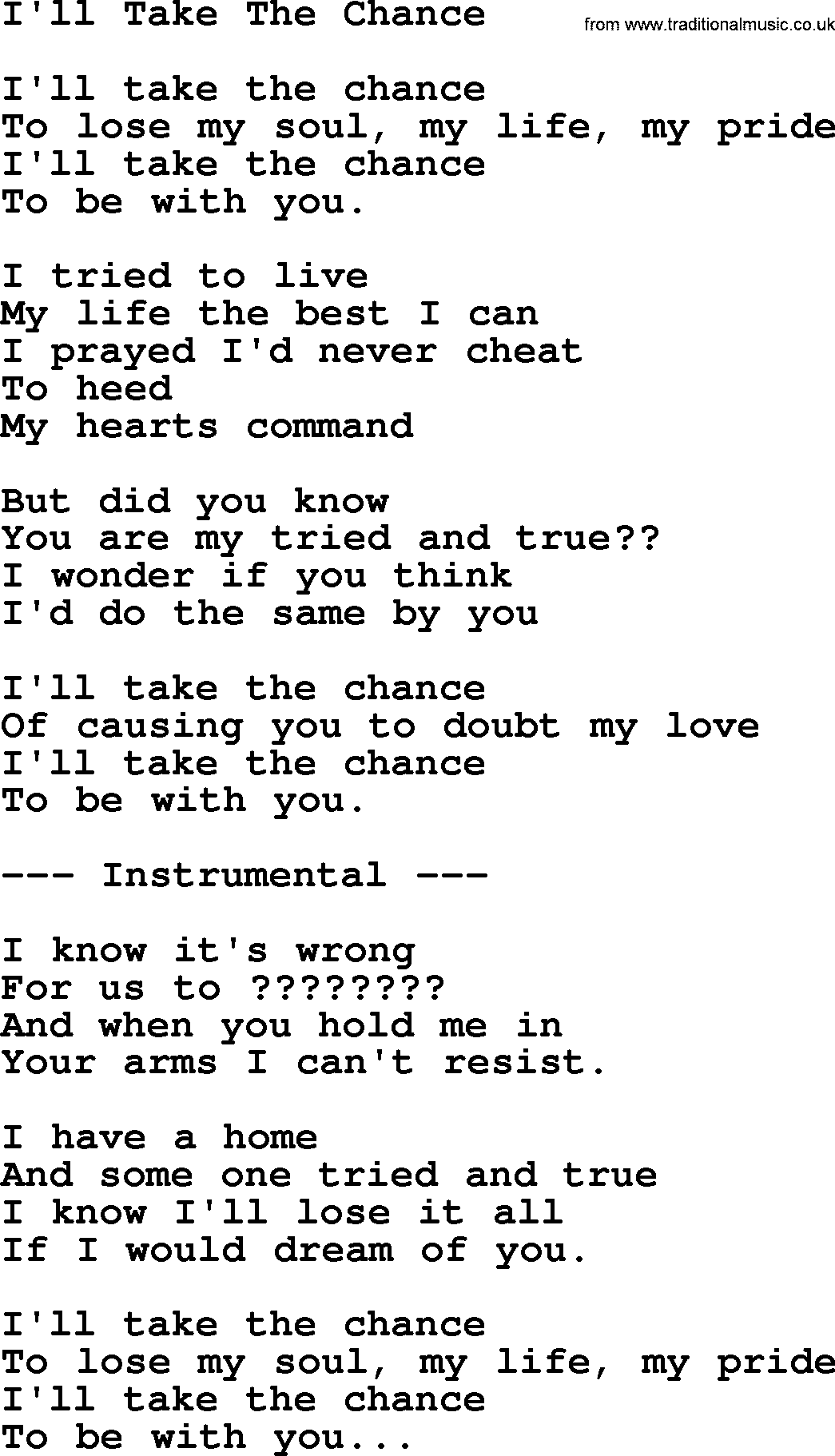 George Jones song: I'll Take The Chance, lyrics