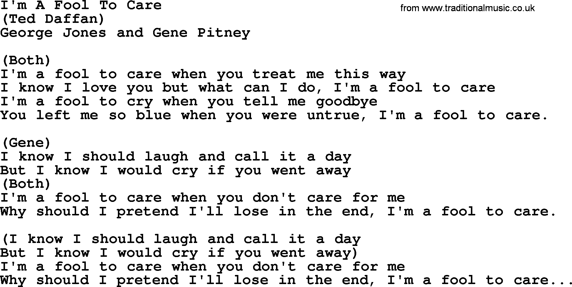 George Jones song: I'm A Fool To Care, lyrics