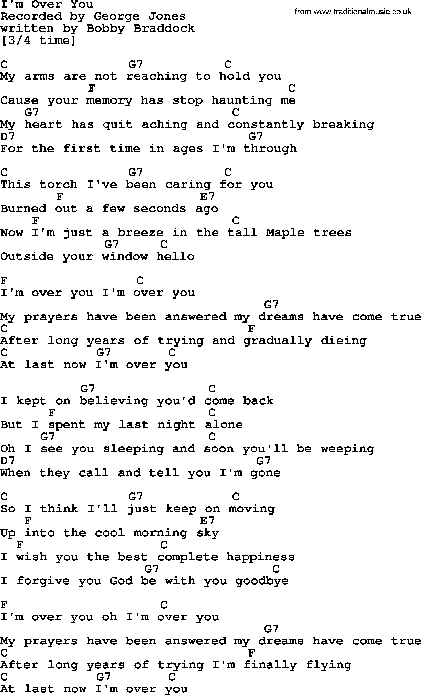 George Jones song: I'm Over You, lyrics and chords
