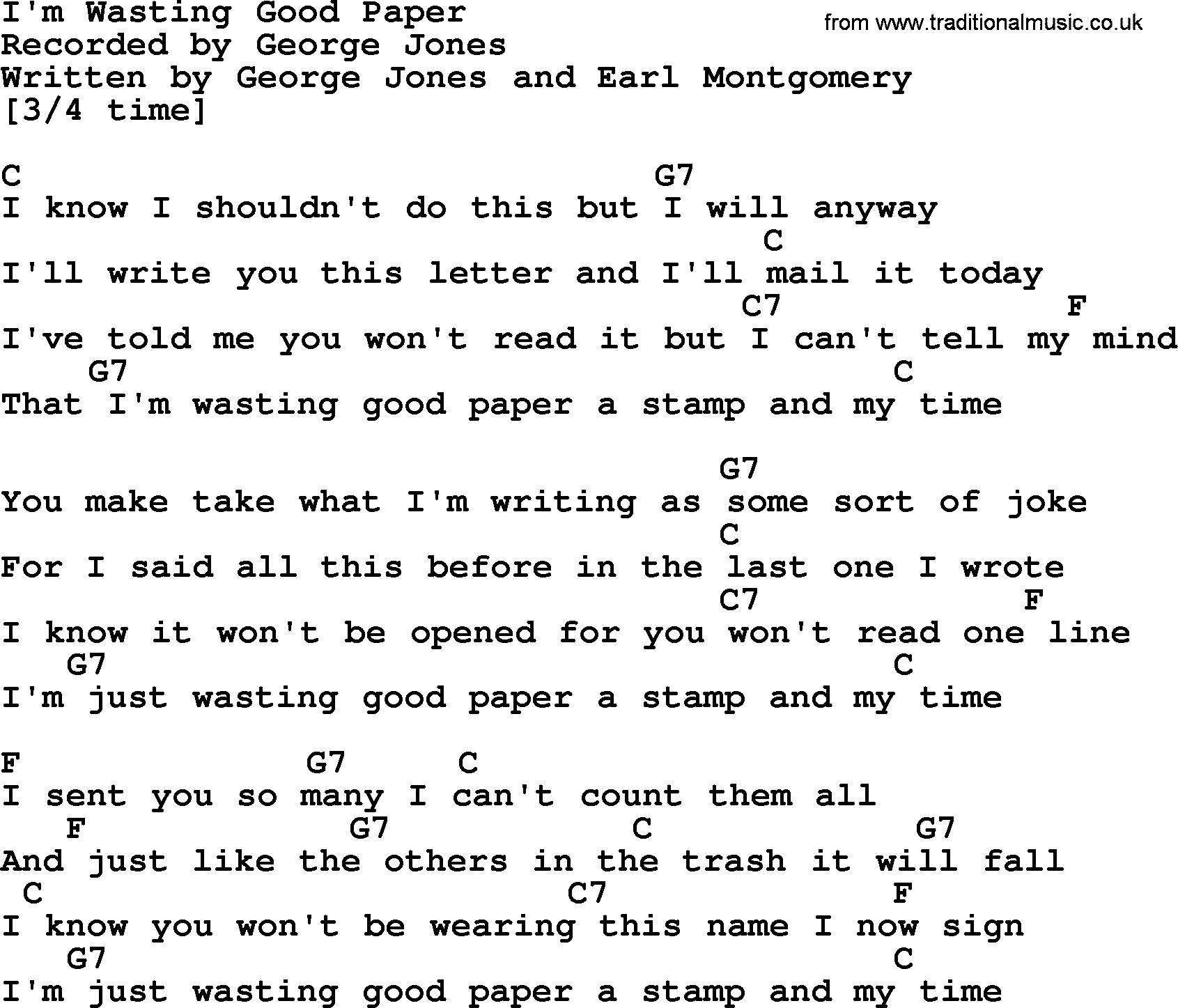George Jones song: I'm Wasting Good Paper, lyrics and chords