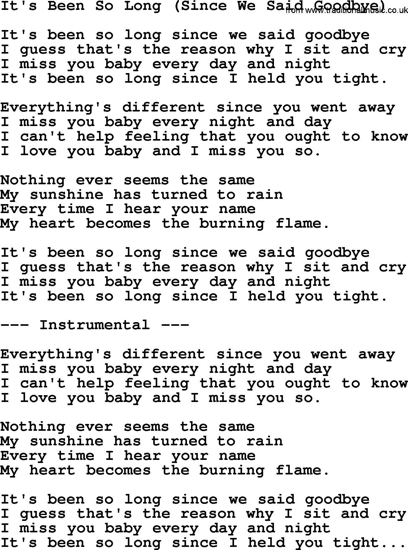 George Jones song: It's Been So Long (since We Said Goodbye), lyrics
