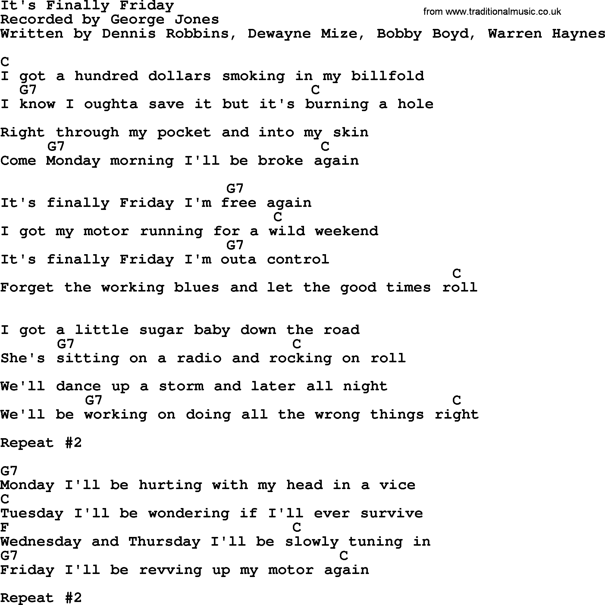 George Jones song: It's Finally Friday, lyrics and chords