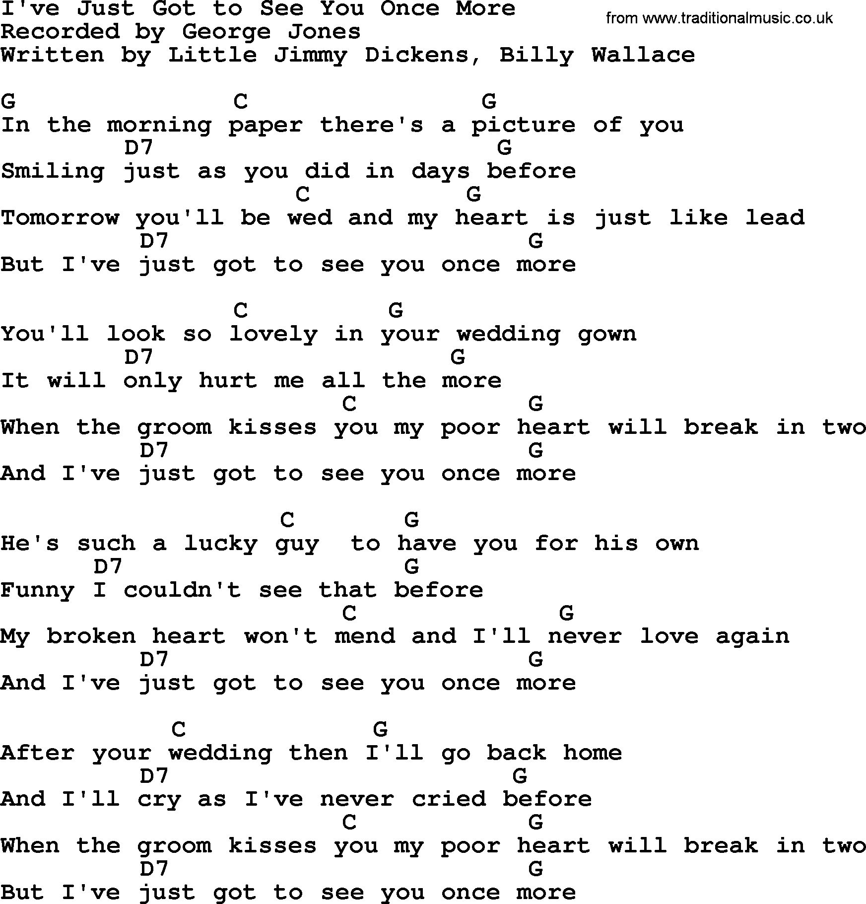 George Jones song: I've Just Got To See You Once More, lyrics and chords