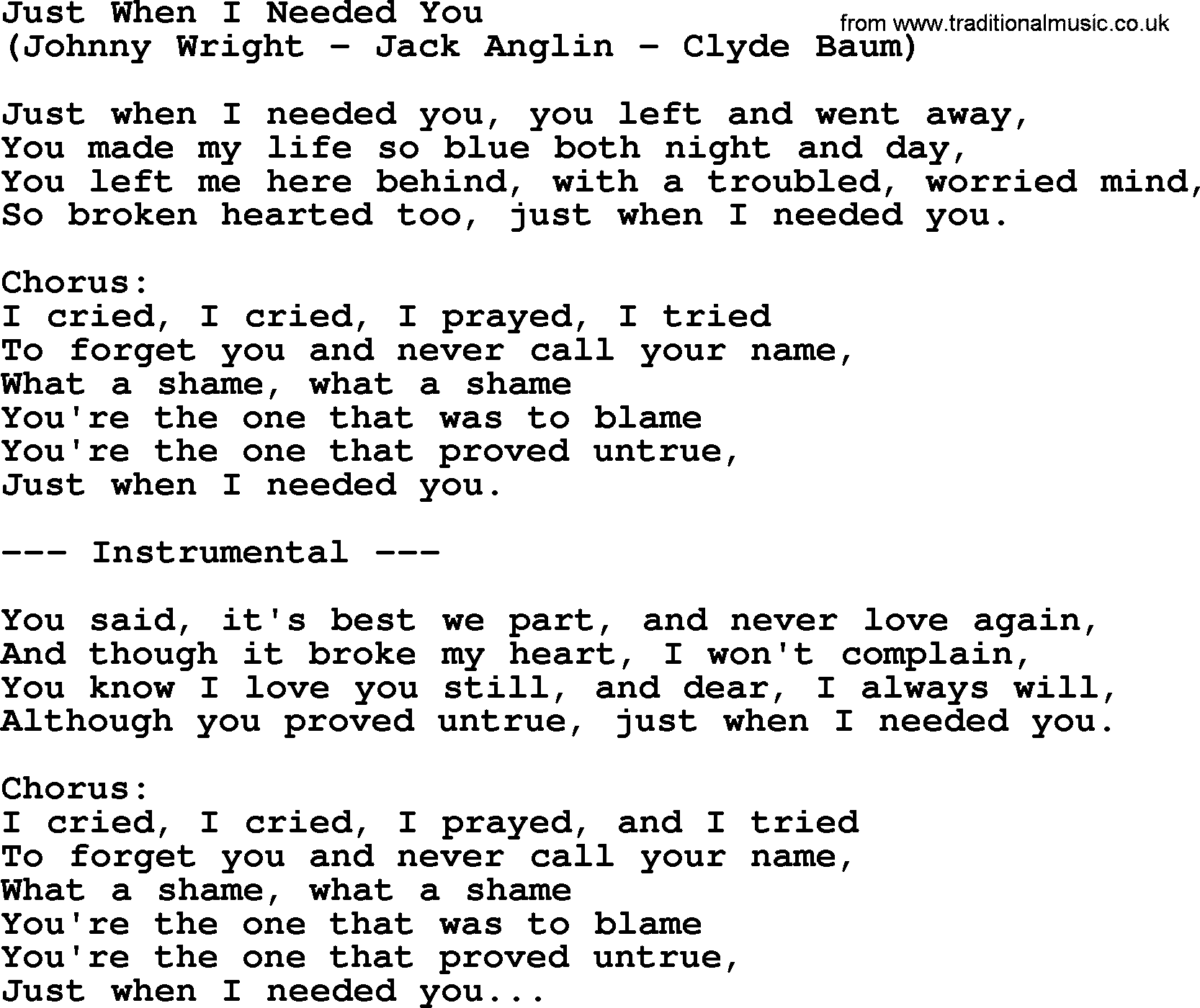 George Jones song: Just When I Needed You, lyrics