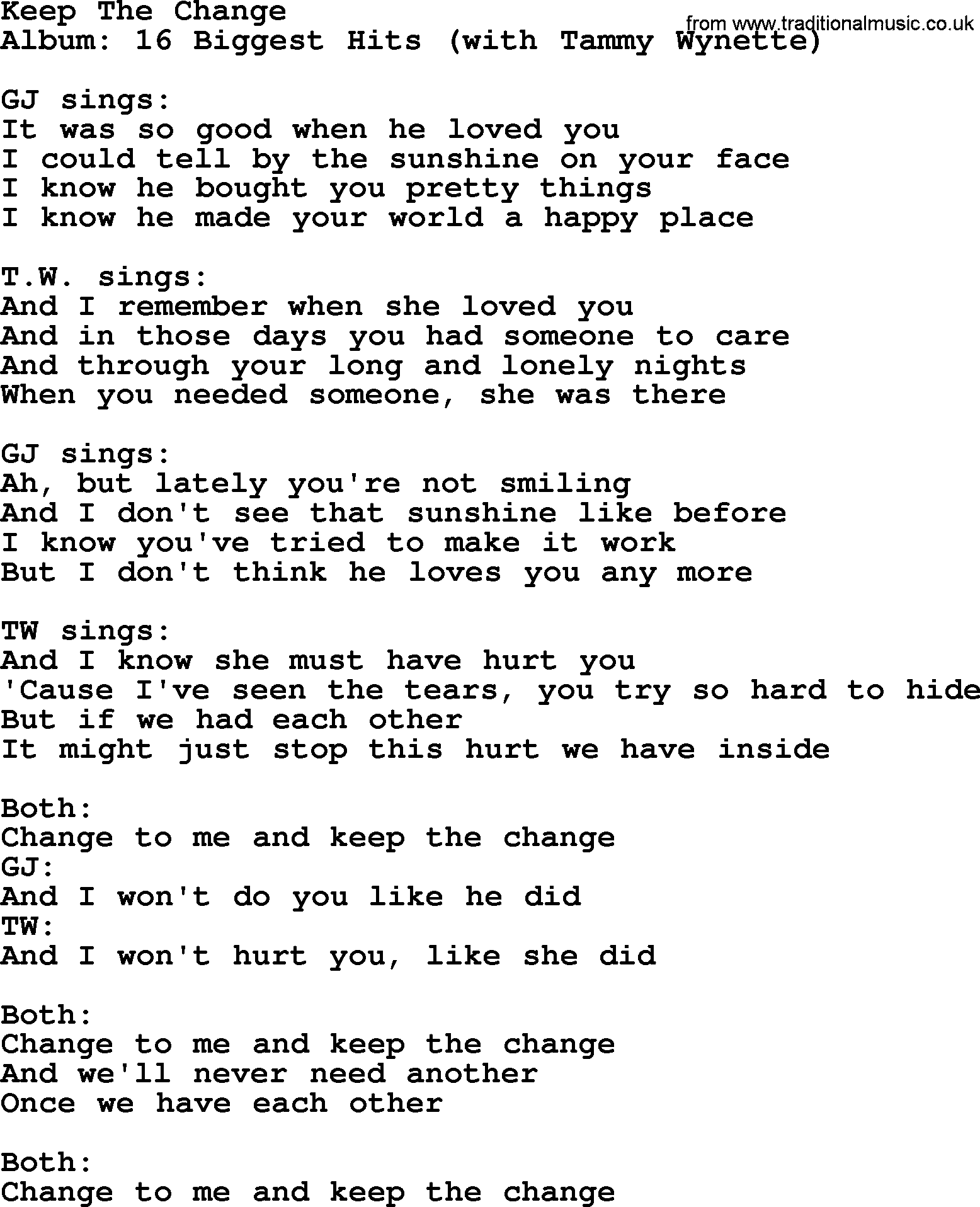 George Jones song: Keep The Change, lyrics