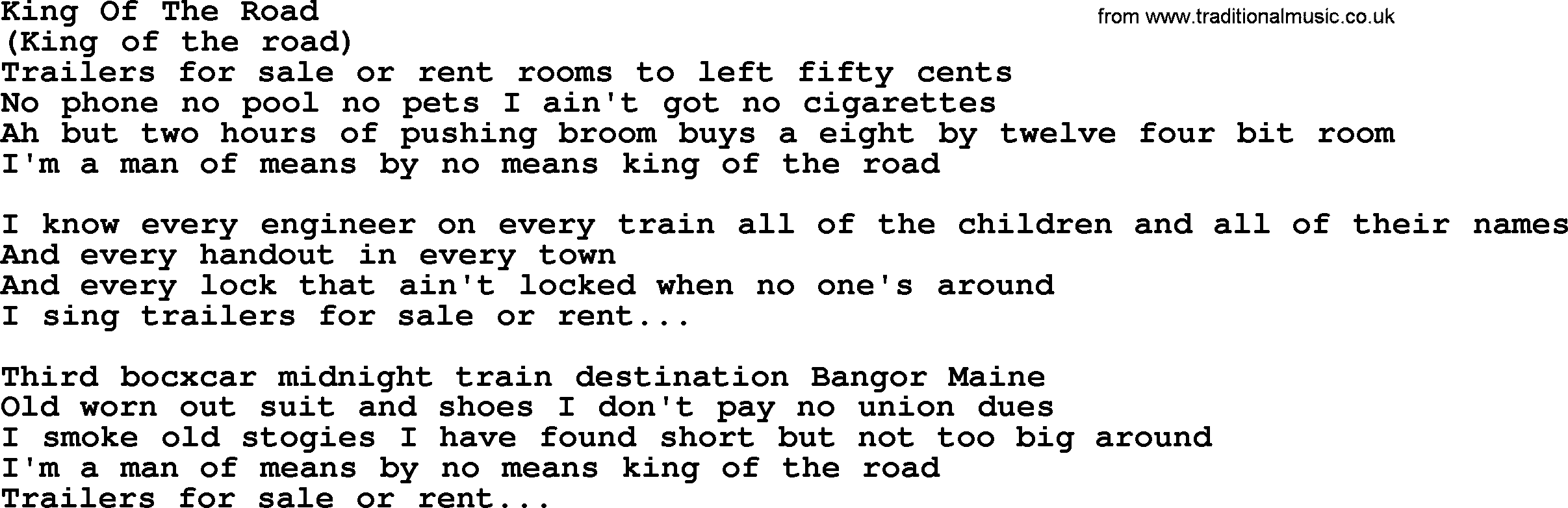 George Jones song: King Of The Road, lyrics