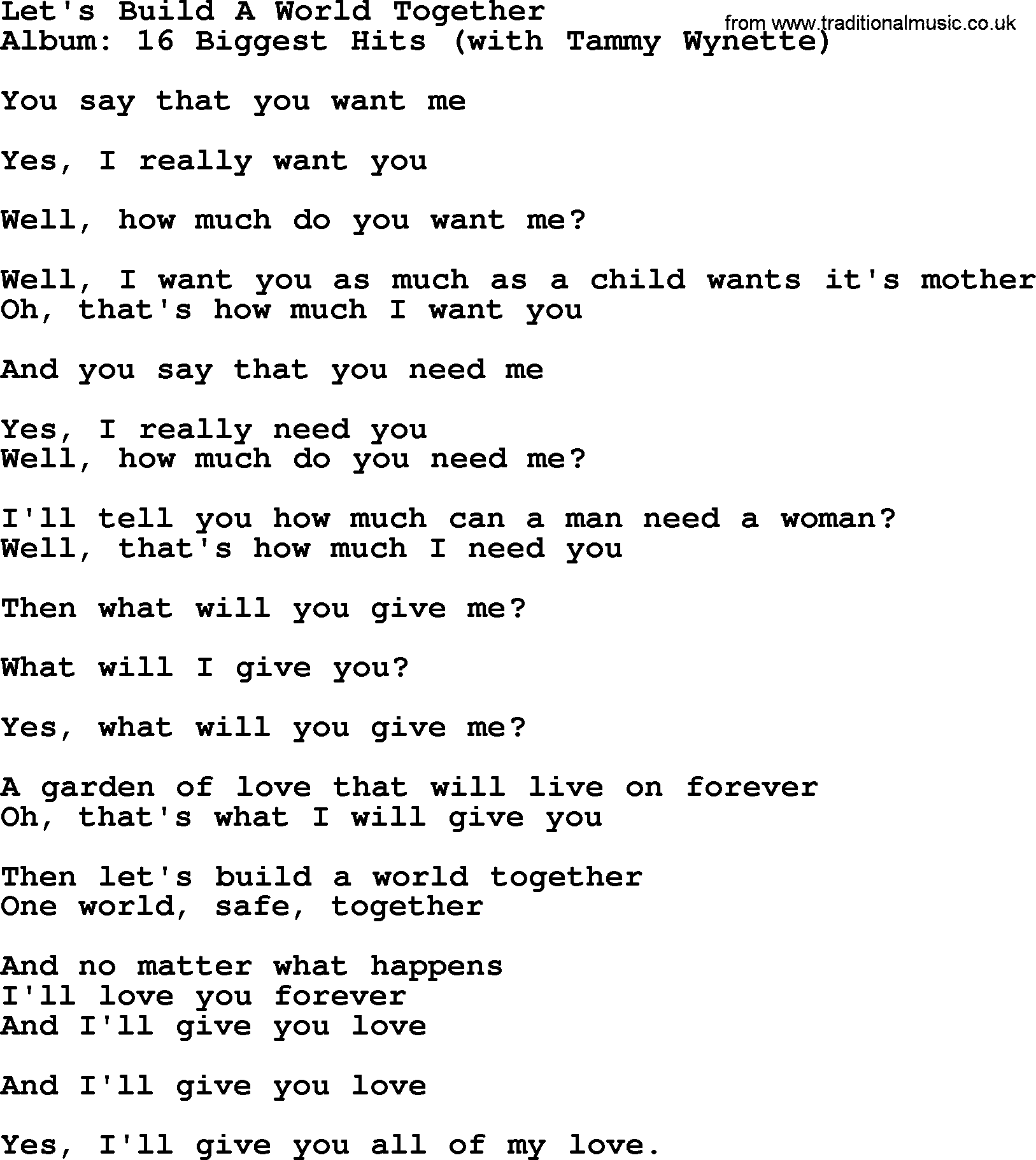 George Jones song: Let's Build A World Together, lyrics