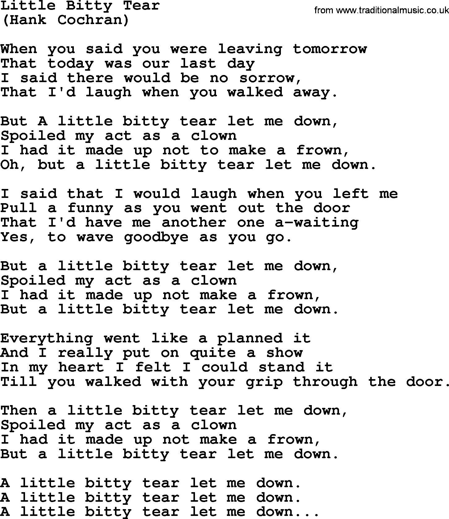 George Jones song: Little Bitty Tear, lyrics