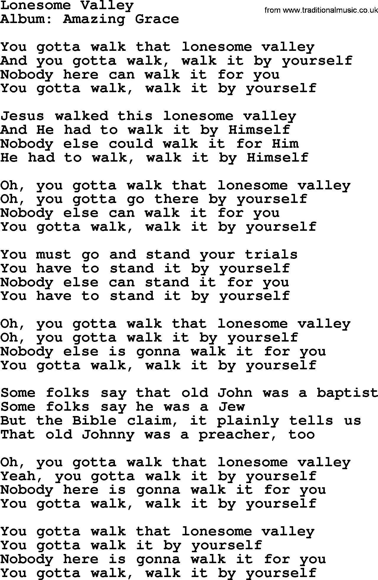 George Jones song: Lonesome Valley, lyrics