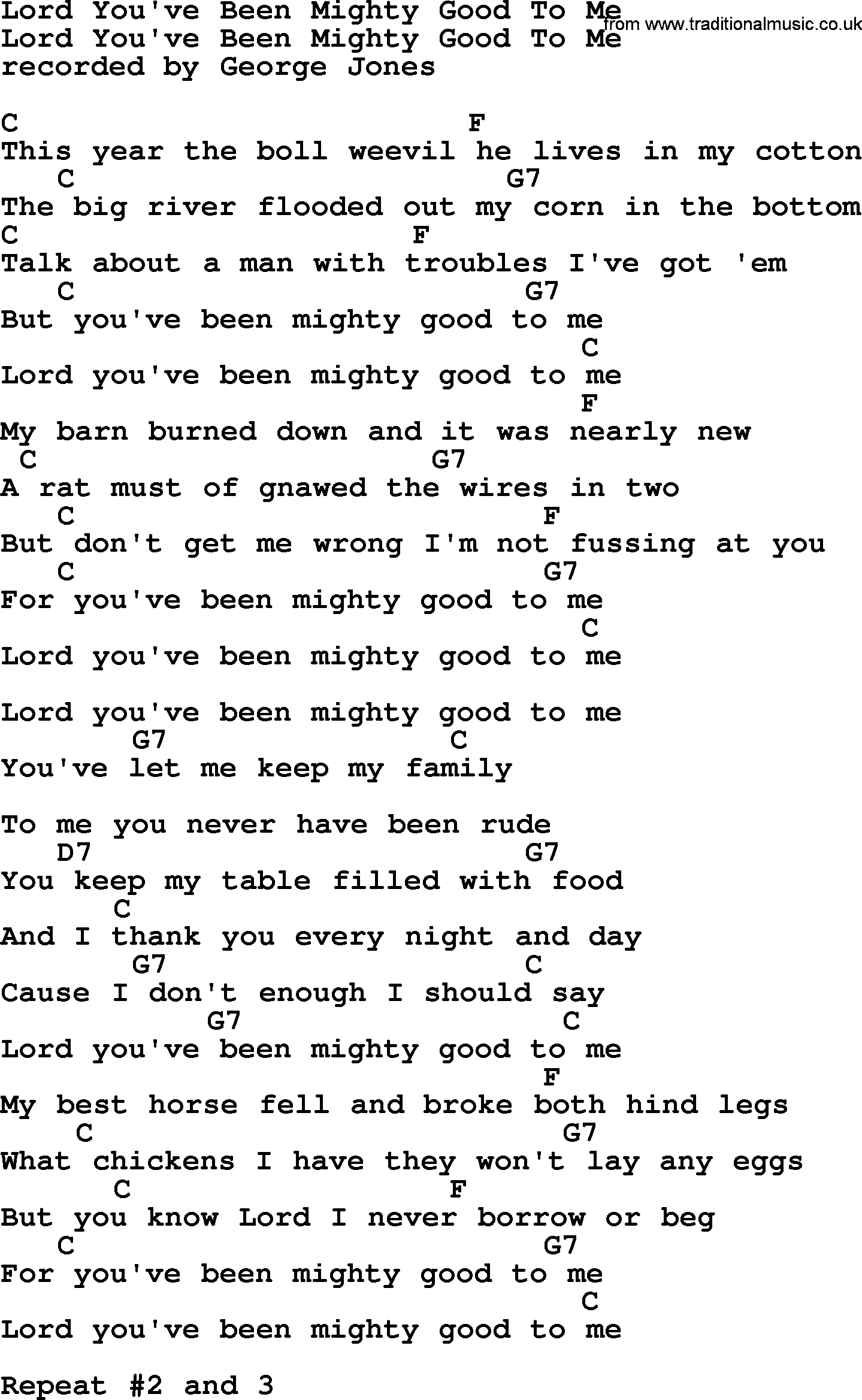 George Jones song: Lord You've Been Mighty Good To Me, lyrics and chords