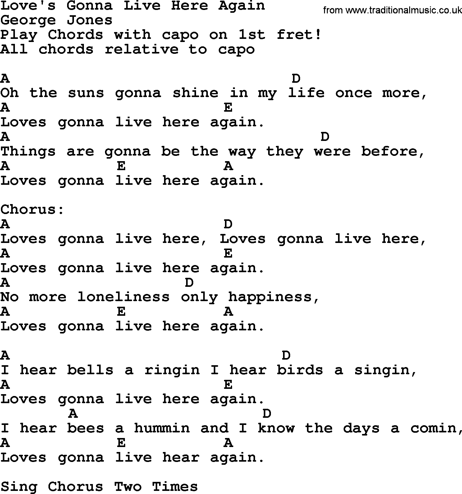 George Jones song: Love's Gonna Live Here Again, lyrics and chords