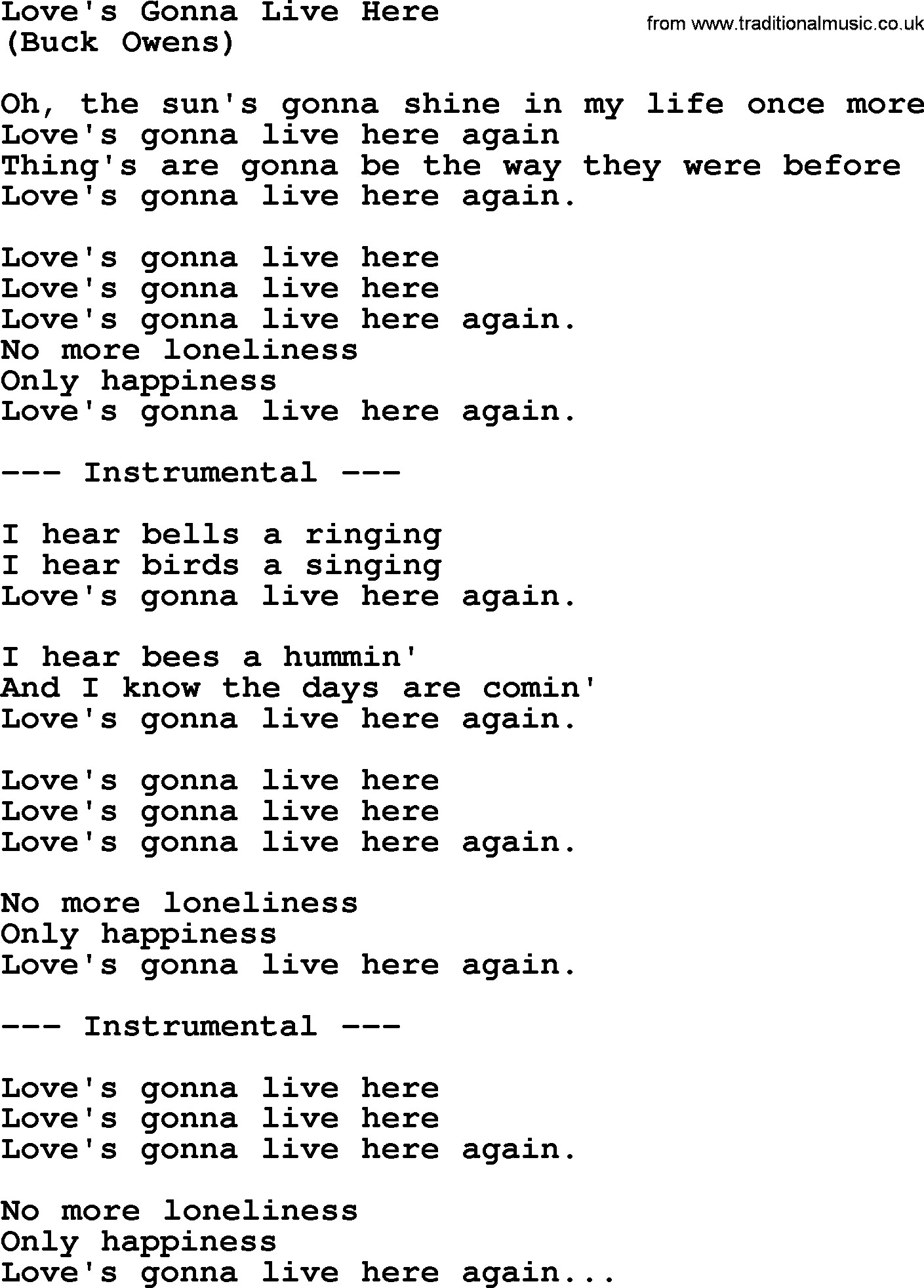 George Jones song: Love's Gonna Live Here, lyrics